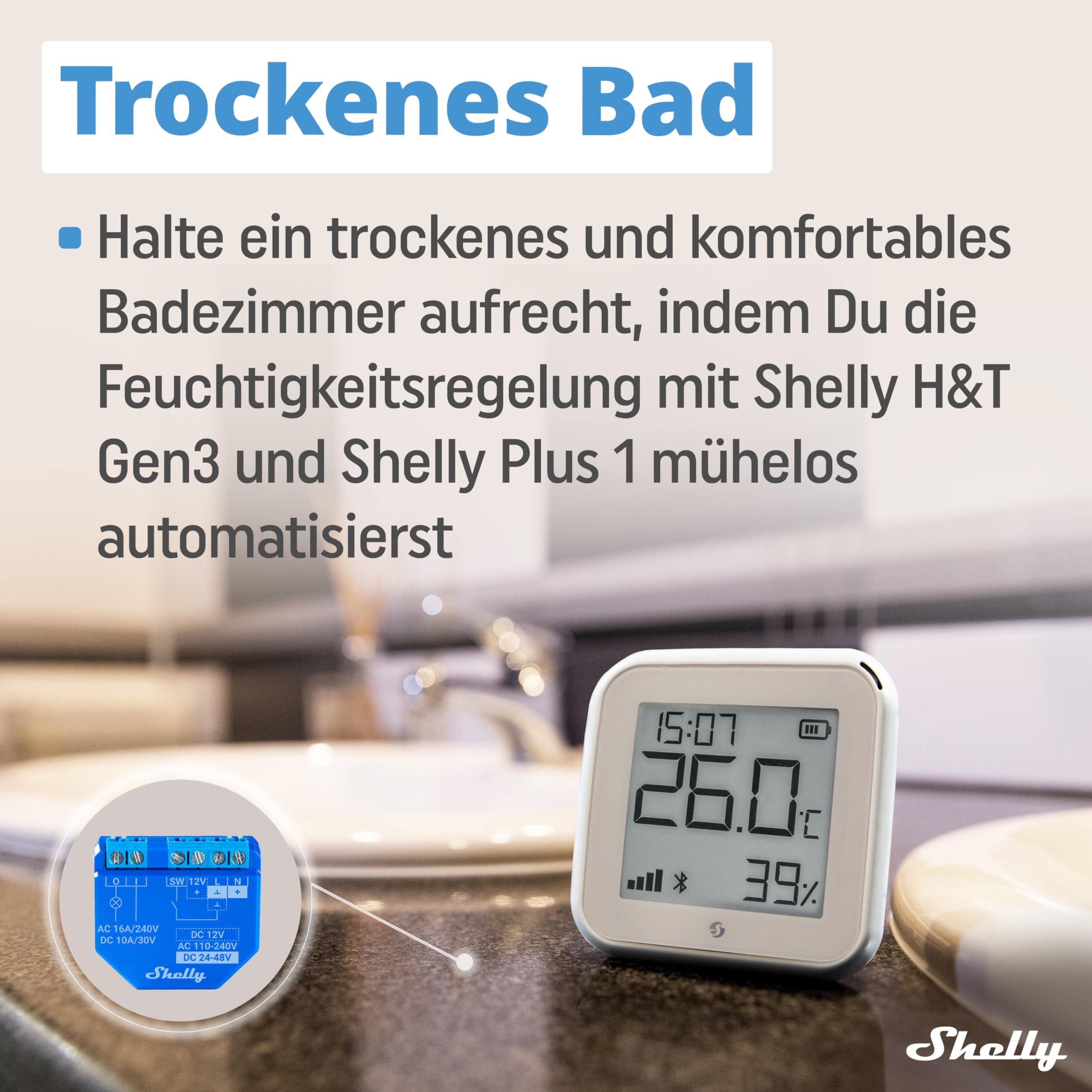 Shelly H&T Gen3 Bianco, Sensore Smart Wi-Fi di Temperatura e Umidità, Controllo e Monitoraggio da Remoto, Scene Intelligenti Termometro e Igrometro, Nessun Hub Richiesto, Alexa & Google Home