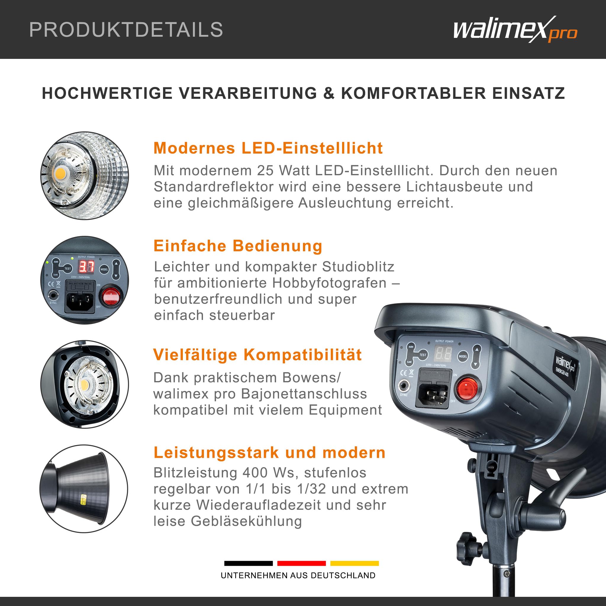 Walimex pro Emerger 400 Studioblitz mit 400 Ws Blitzleistung, Blitzgerät mit 2,4 GHz Funk, Fotoblitz mit kurzer Wiederaufladezeit, Blitzleuchte mit dimmbarem LED-Einstelllicht