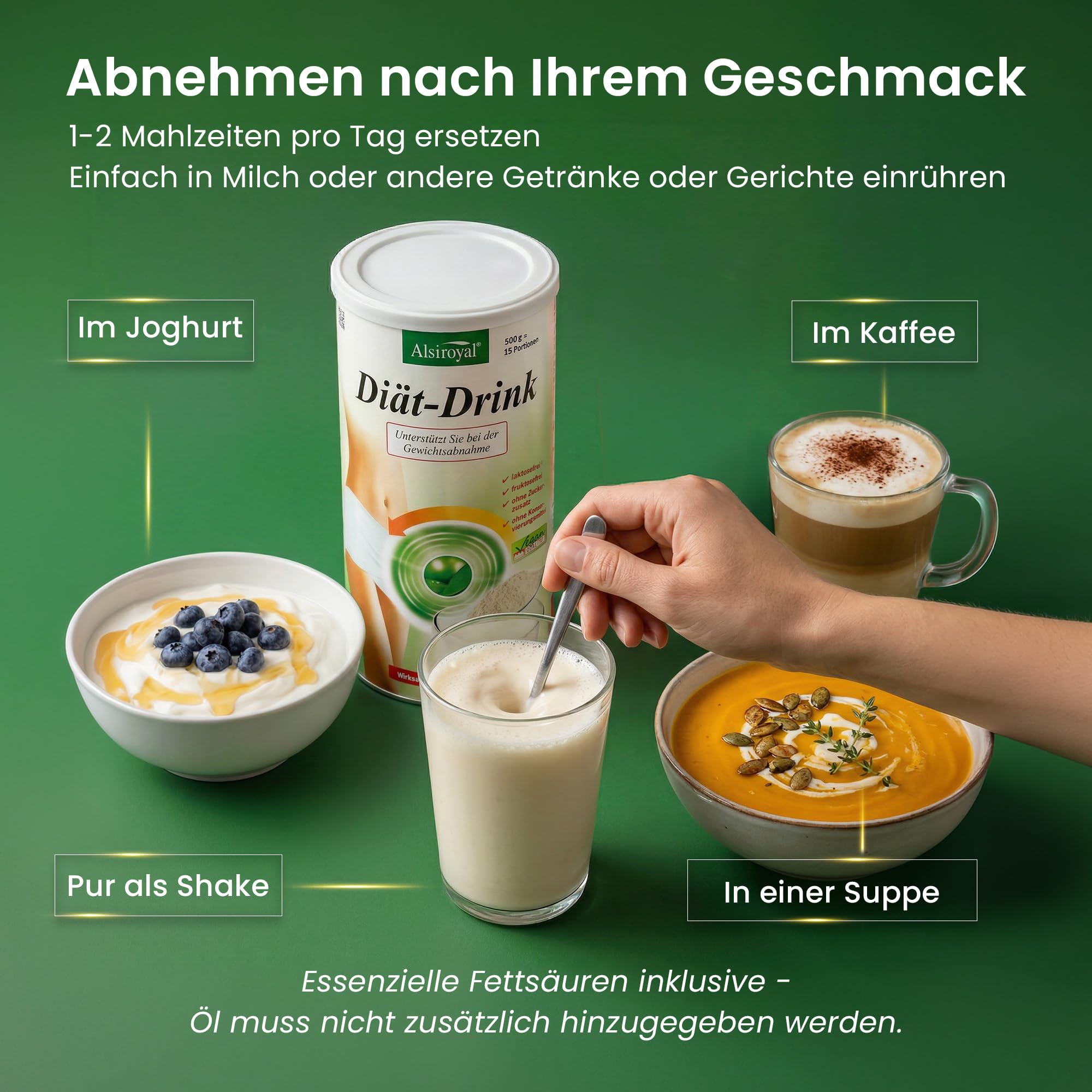 Alsiroyal Diät-Drink · Wirsamkeit bewiesen · schmeckt, sättigt, aktiviert | Abnehmshake & Diät Shake zum Abnehmen · Mahlzeitenersatz ohne Zuckerzusatz · ballaststoff- & eiweißreich · vegan, glutenfrei