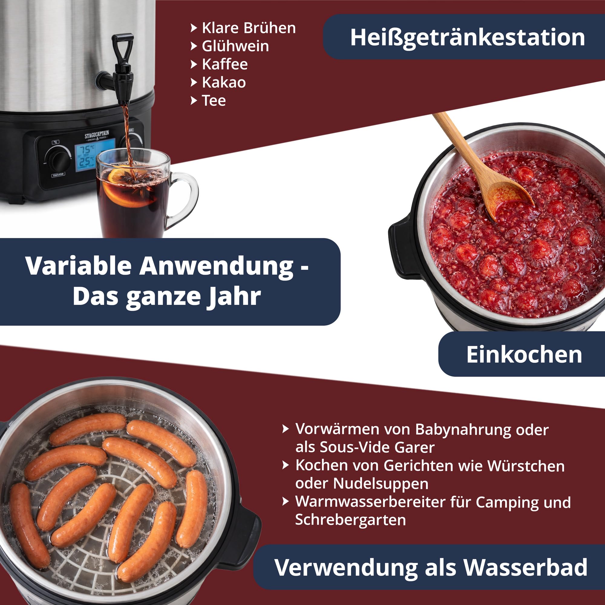 Stagecaptain GWK-27D Glühweinkocher - Digitaler Einkochautomat mit 27 Liter - LCD-Anzeige - 2000 Watt - Edelstahl - Einfache Bedienung (Temperatur und Zeitschaltuhr) - Abschaltautomatik - Silber