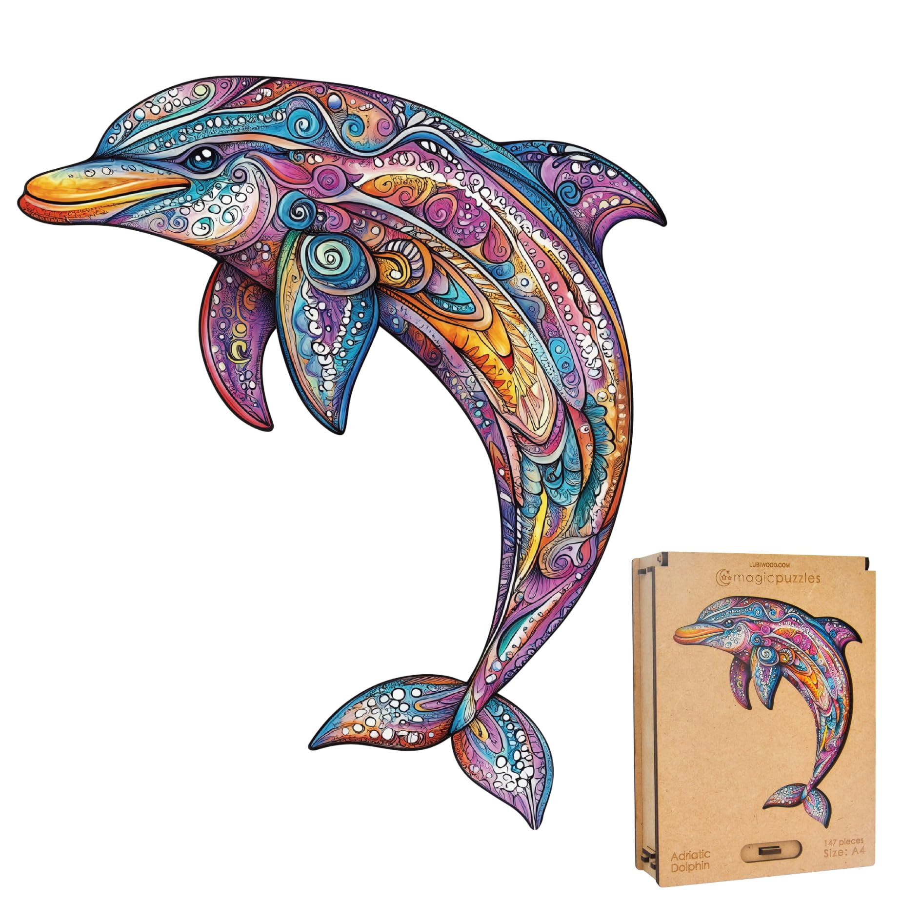Lubiwood Unique Shaped Adriatic Dolphin Wooden Puzzle (34x29 cm) - 147 Intricate Pieces, Includes Wood Gift Box - An Ideal Engaging Gift