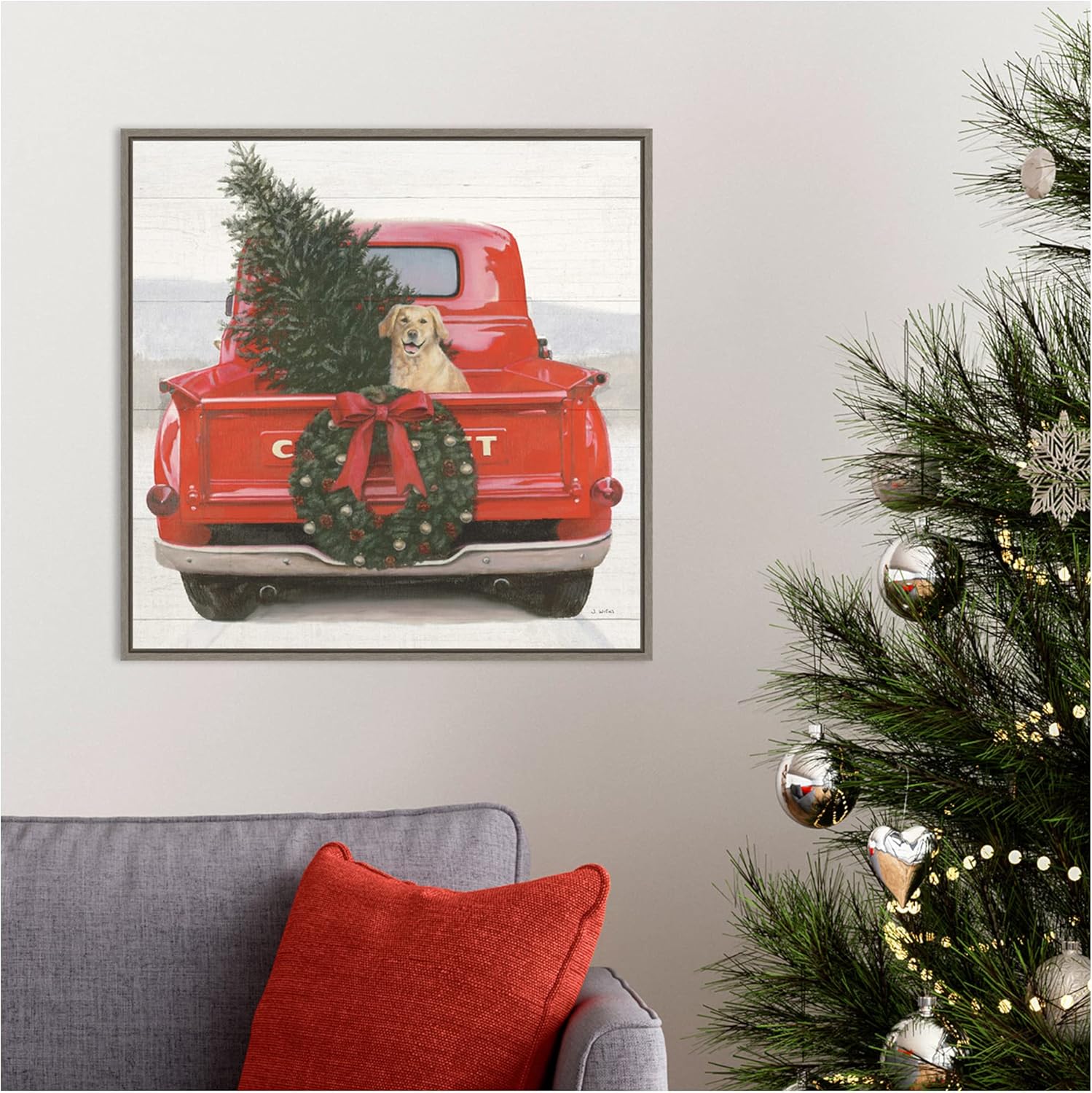 Christmas Red Truck with Dog Framed Canvas Wall Art