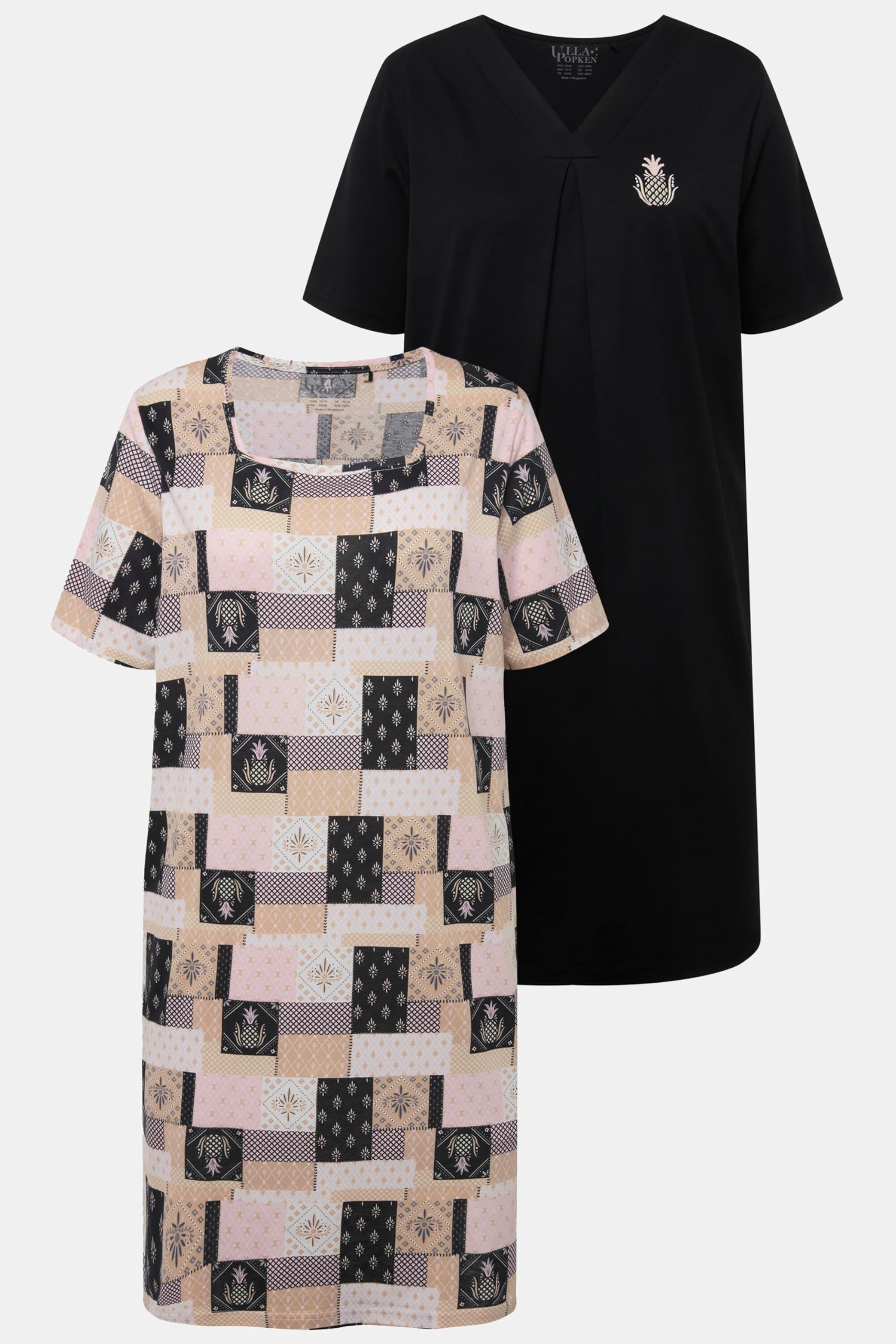 Ulla Popken Damen große Größen Übergrößen Plus Size Bigshirts, 2er-Pack, Ananas, Halbarm, Carree-/V-Ausschnitt schwarz 46+ 830136100-46+