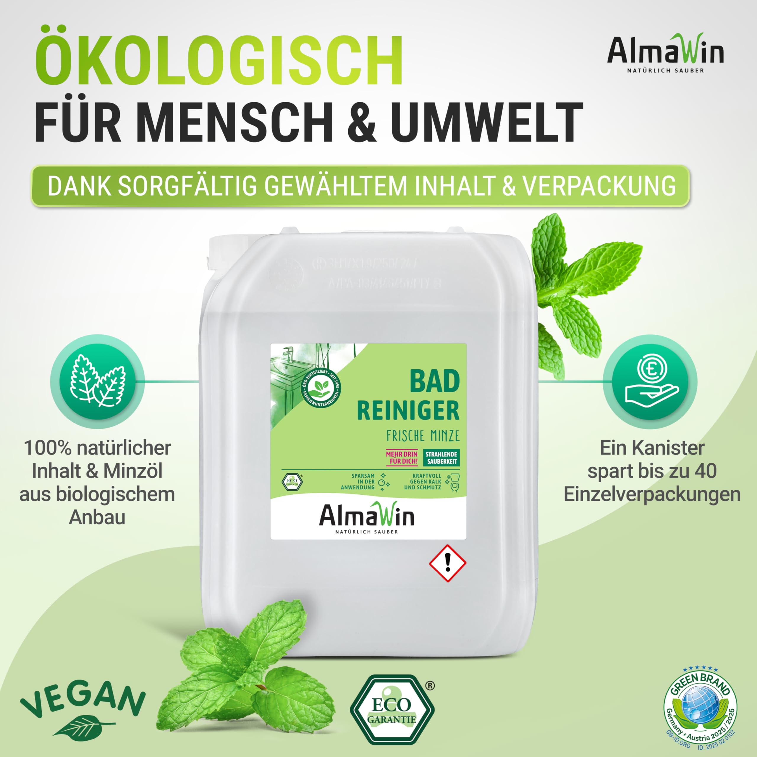 AlmaWin® Bad Reiniger [20L] für strahlende Sauberkeit - Badreiniger Spray mit Pfefferminz-Duft - Badezimmer Reiniger - Effektiv gegen Kalk & Schmutz - Badreiniger Extra Stark, Bio & Vegan