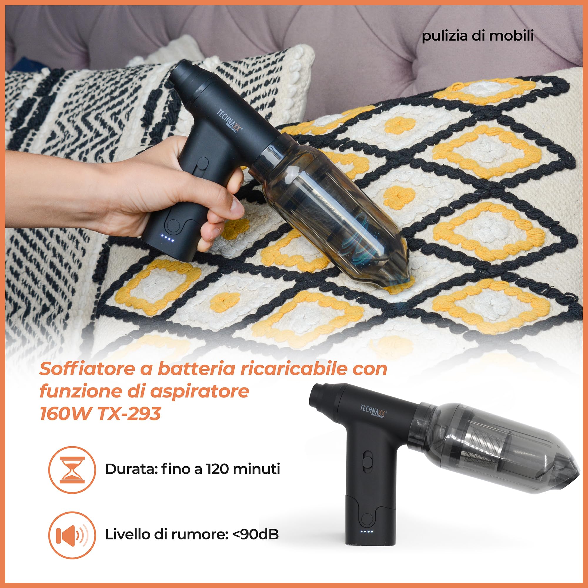 Technaxx TX-293, aspirapolvere portatile a batteria con spolverino d'aria, aspiratore elettrico ricaricabile da 160 W - Controllo continuo della velocità, 5 accessori versatili - Ideale per auto, tast