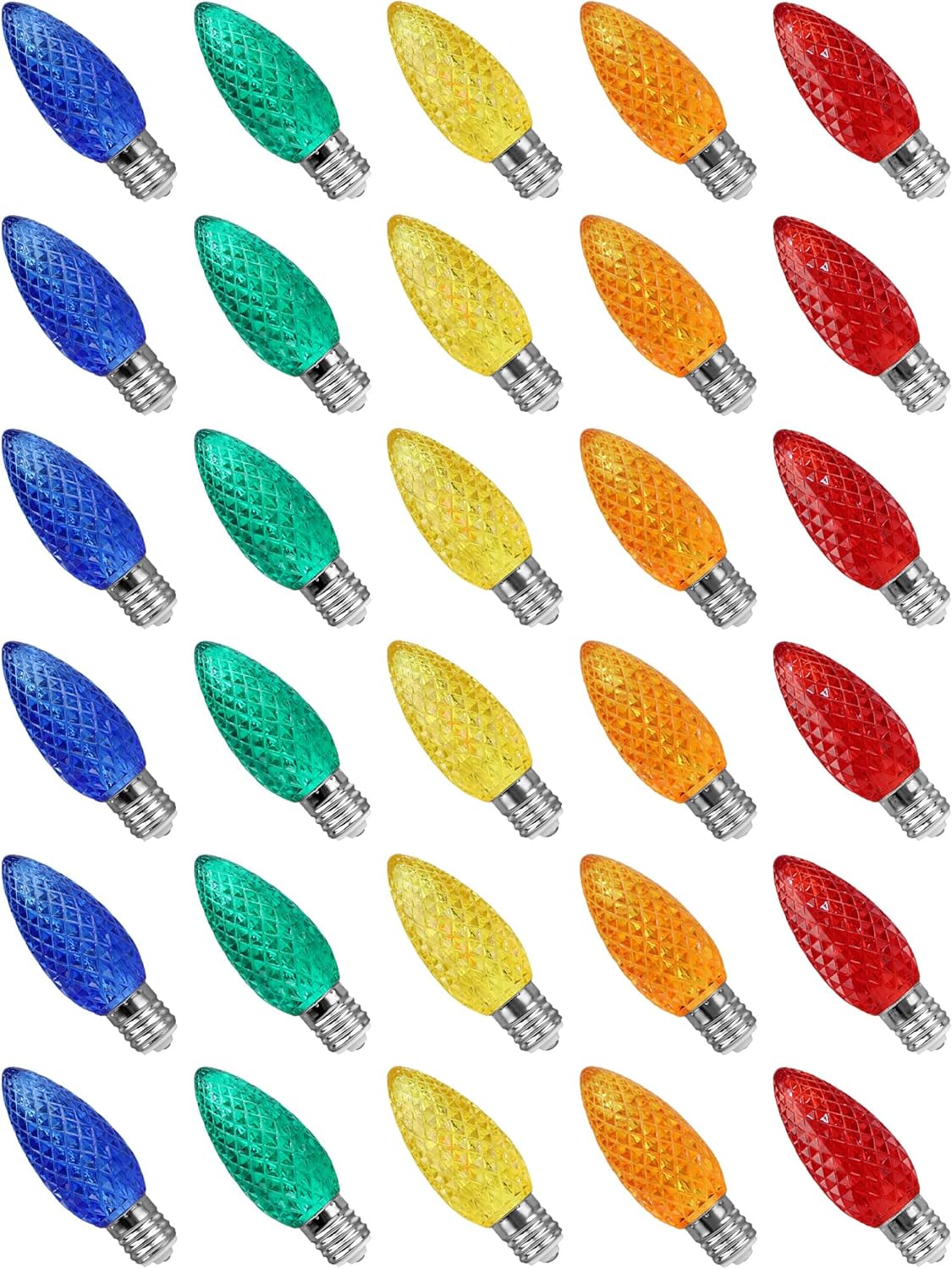 30-Pack C9 Multicolor LED Replacement Bulbs, Diamond Cut Transparent, Shatterproof for Vibrant Outdoor Christmas Lights, Jewel Tones, Energy Saving, E17 Base