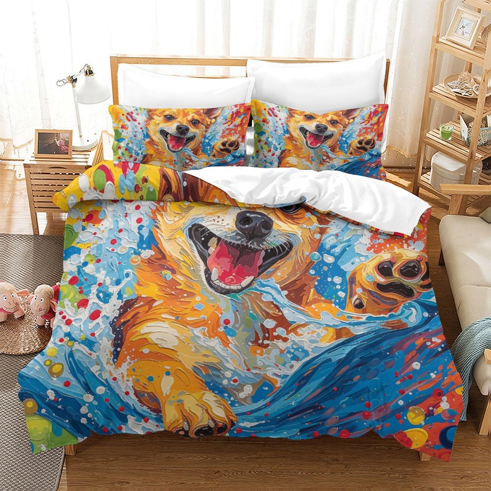 Housse de couette Corgi imprimé 3D lit super king 260x220cm microfibres enfants