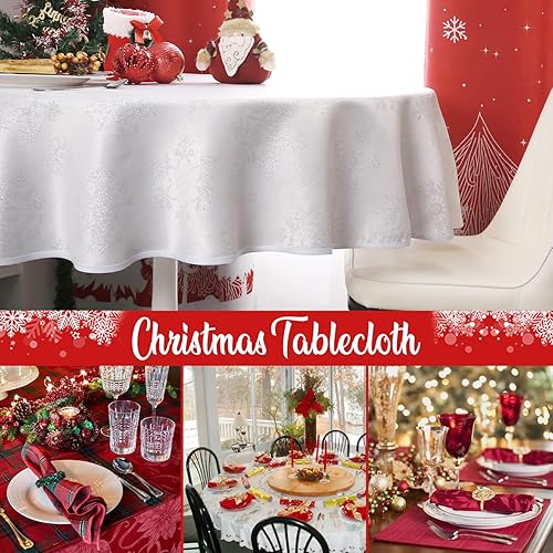 Miniatura 7 de MikiUp Mantel redondo de Navidad de jacquard, mantel de tela metálica brillante con copos de nieve de Navidad, impermeable y lavable, mantel