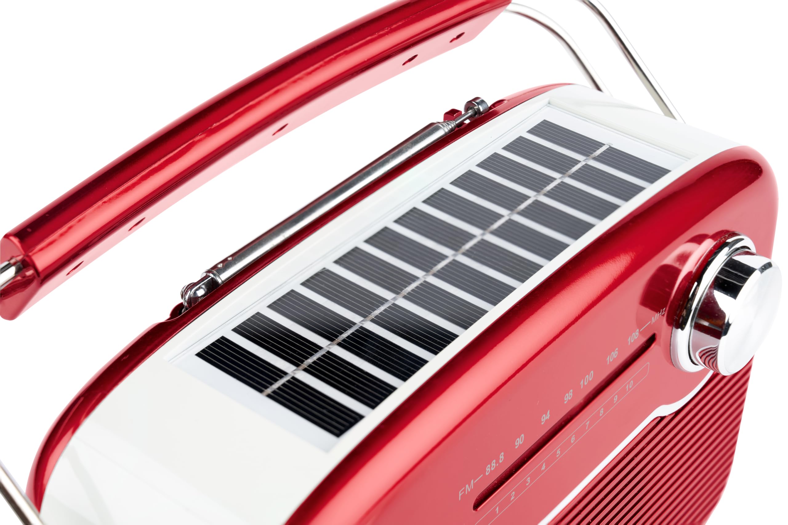 Thomson RT450BTR - Radio FM con Bluetooth y Carga Solar, Antena telescópica, Toma USB-C para Carga, Cable Incluido, Toma AUX 3,5mm, Rojo