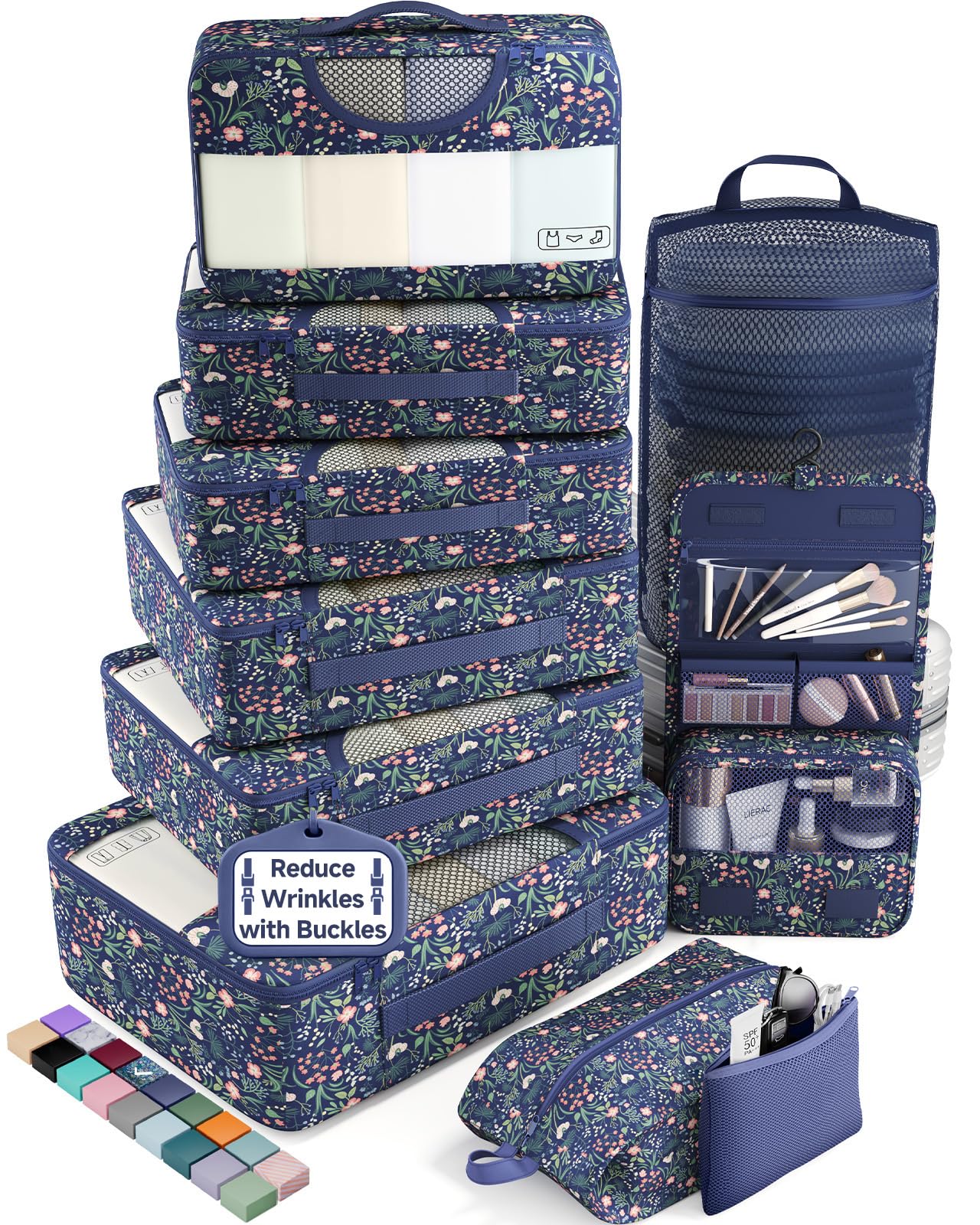 Veken 10 Set Packing Cubes for Travel Essentials,Anti-Wrinkle Buckled Suitcase Organizer for Shoe &amp; Toiletry Bag,Carry On Luggage Bag with 99+ Count Mesh Holes for Airplane &amp; College Dorm Accessories