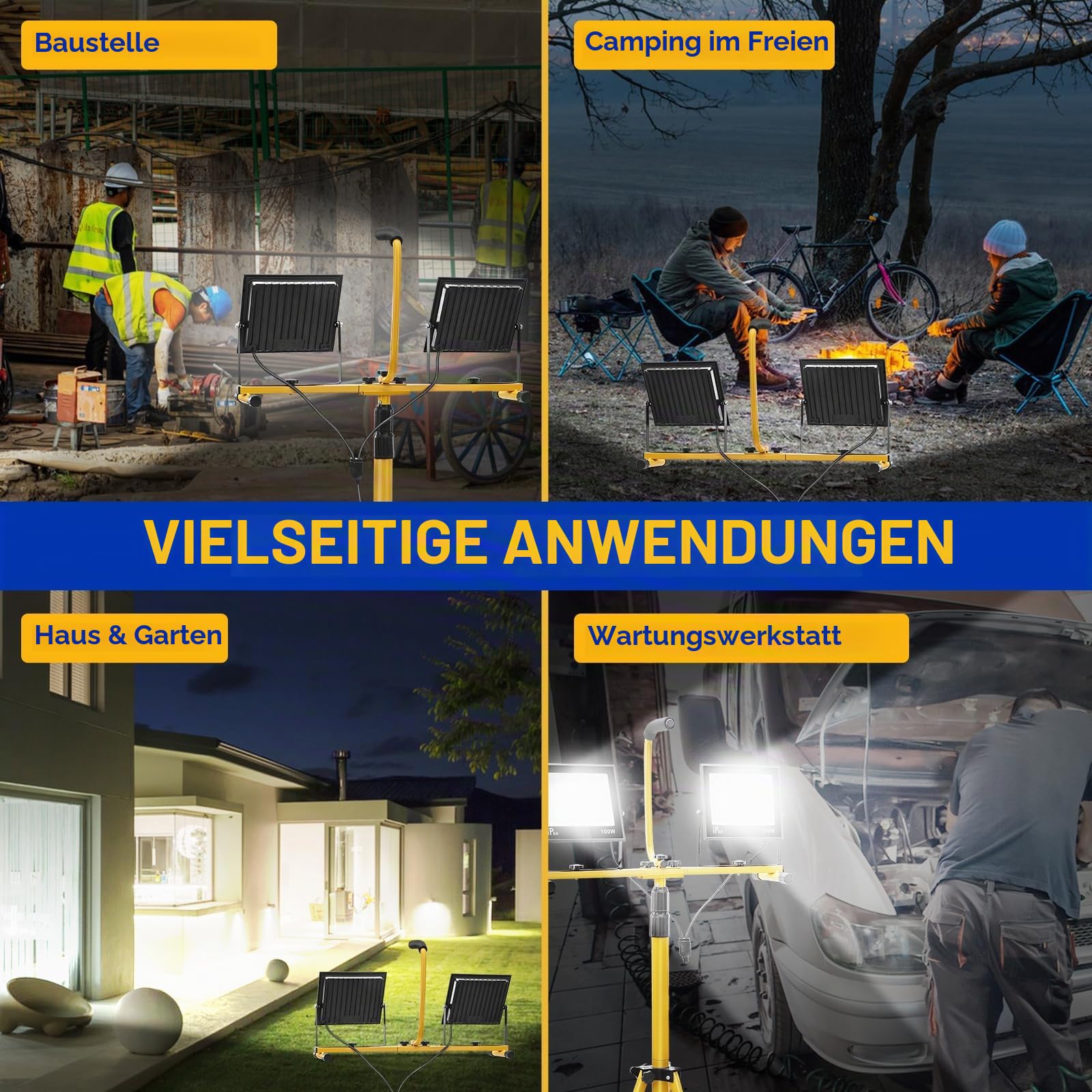 Yofuly LED Baustrahler mit Stativ, 200W Arbeitsleuchte 15000 Lumen Bauscheinwerfer Baustellenlampe IP66 Wasserdichte mit 3M Kabel, 6500K Tragbare Bodenstandleuchte Höhenverstellbar bis Max. 160cm