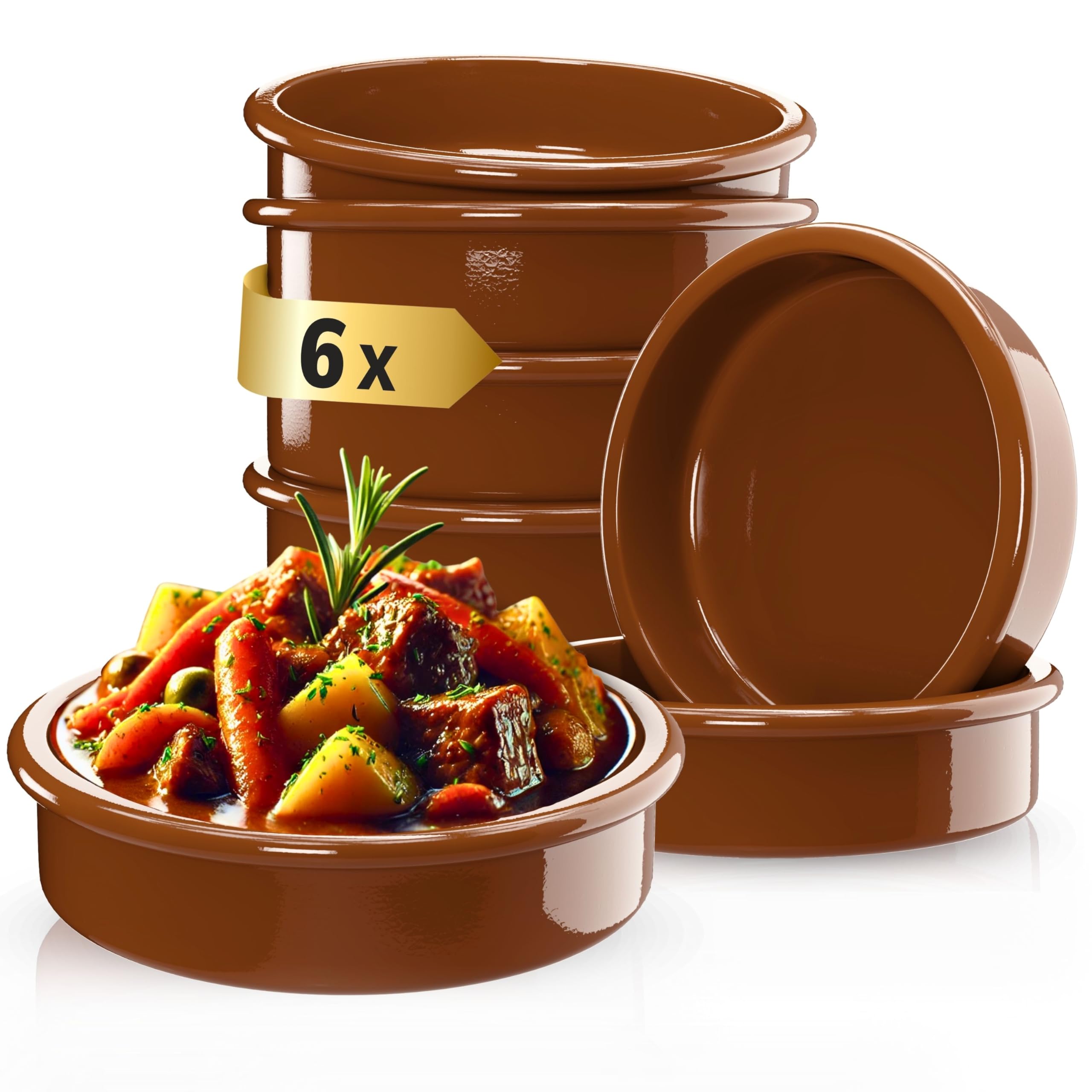 ToCi 6 x Tapas-Schalen Braun Ø 11,5 cm – Spanische Cazuela Schälchen aus Ton 175 ml - Kleine Auflaufformen & Dessertschalen für Tapas, Fingerfood, Crème Brûlée & Ofengerichte