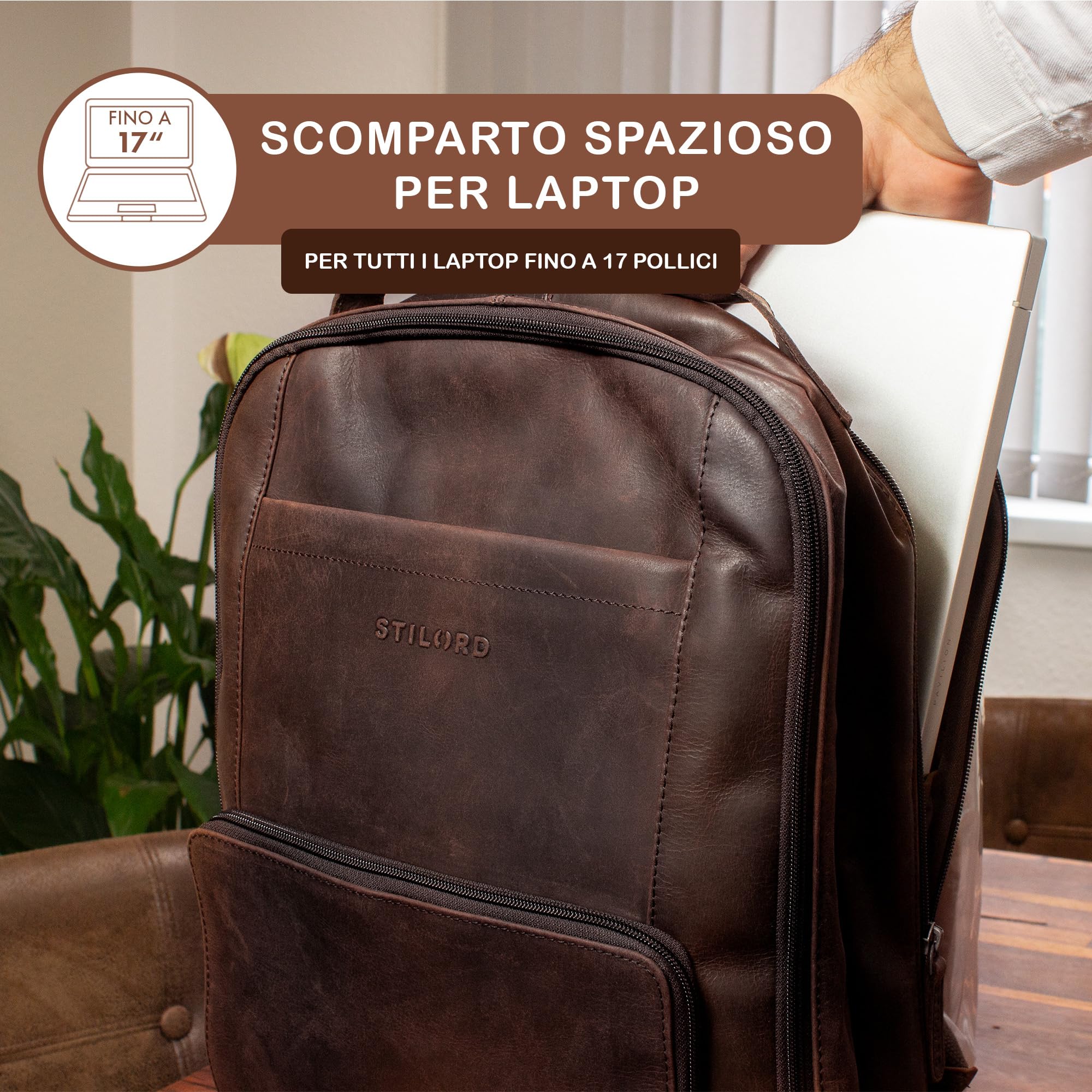 STILORD Zaino in Pelle XL per Laptop 15-17 Pollici | Business Porta PC da Lavoro | Sistema di Attacco al Carrello | Vera Pelle, Zamora - Marrone