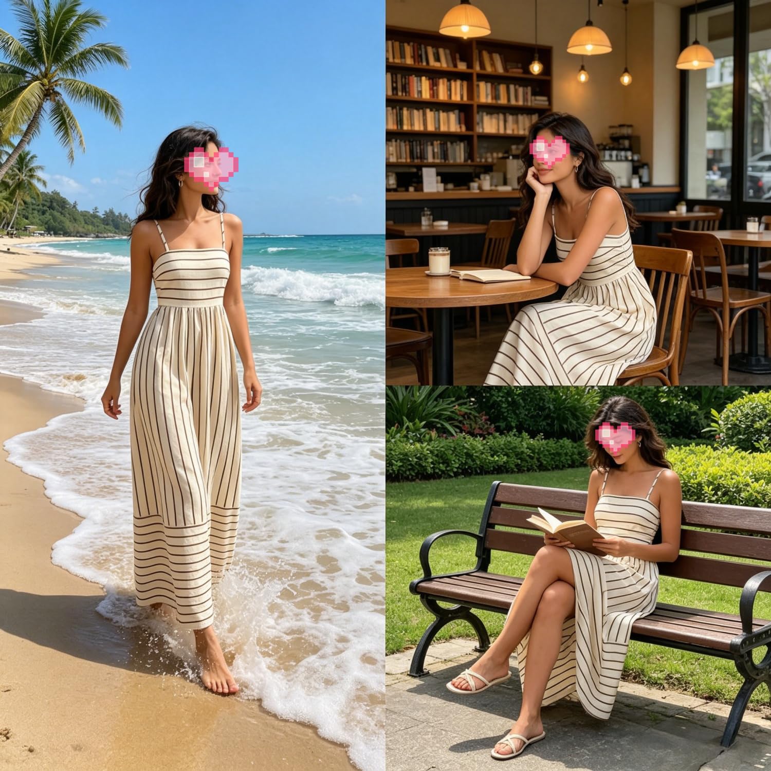 Generico Maxi Abito a Righe con Spalline Sottili da Donna; Elegante Abito Lungo a Vita Alta, con Scollo Quadrato e Spalline Sottili, Ideale per Le Vacanze