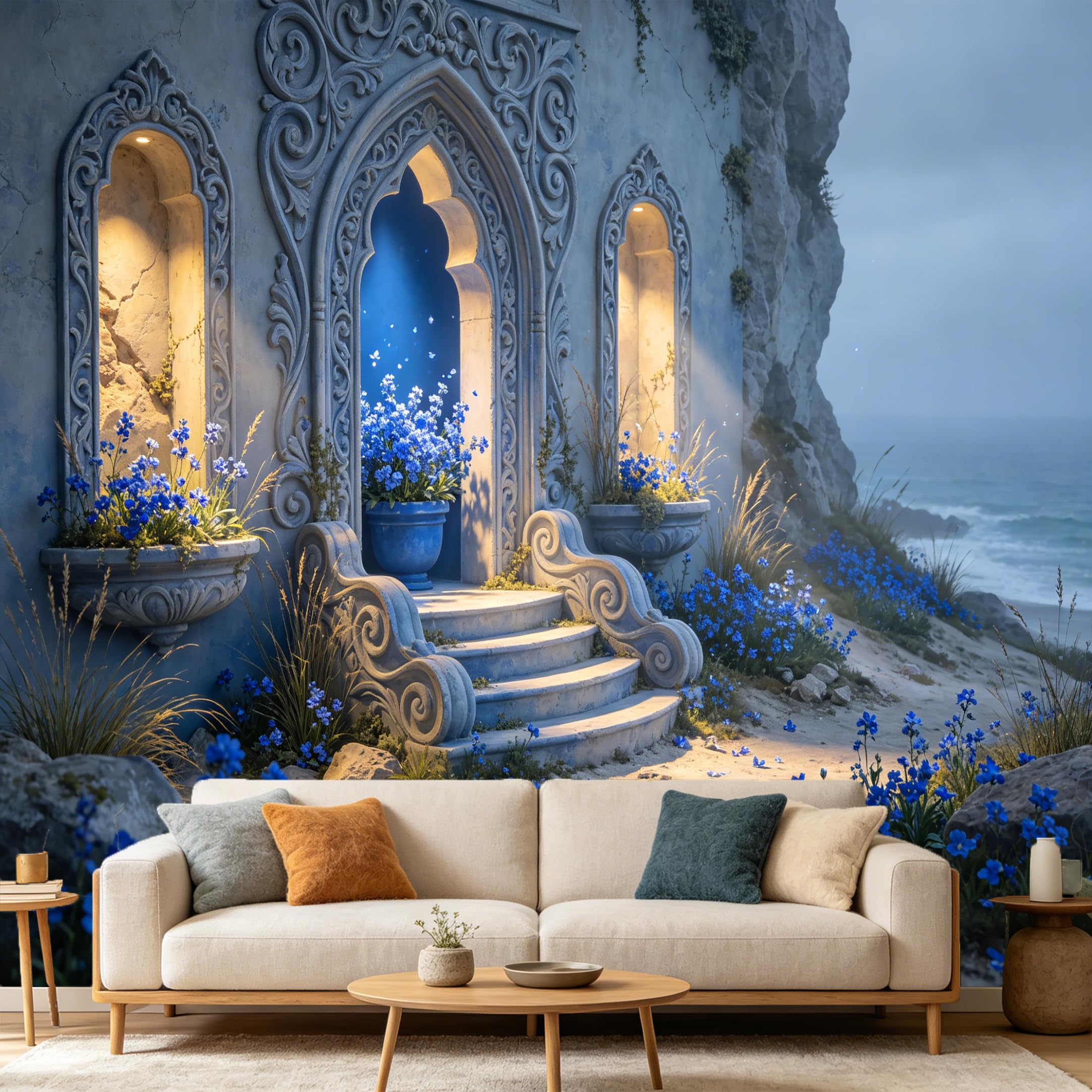 Custom Size Wall Mural， Mediterranean Stone Archway Coastal Blue Flowers Ocean View， SelfAdhesive Art Prints wall Fabric Removable Large Wallpaper Home Living Room Decor
