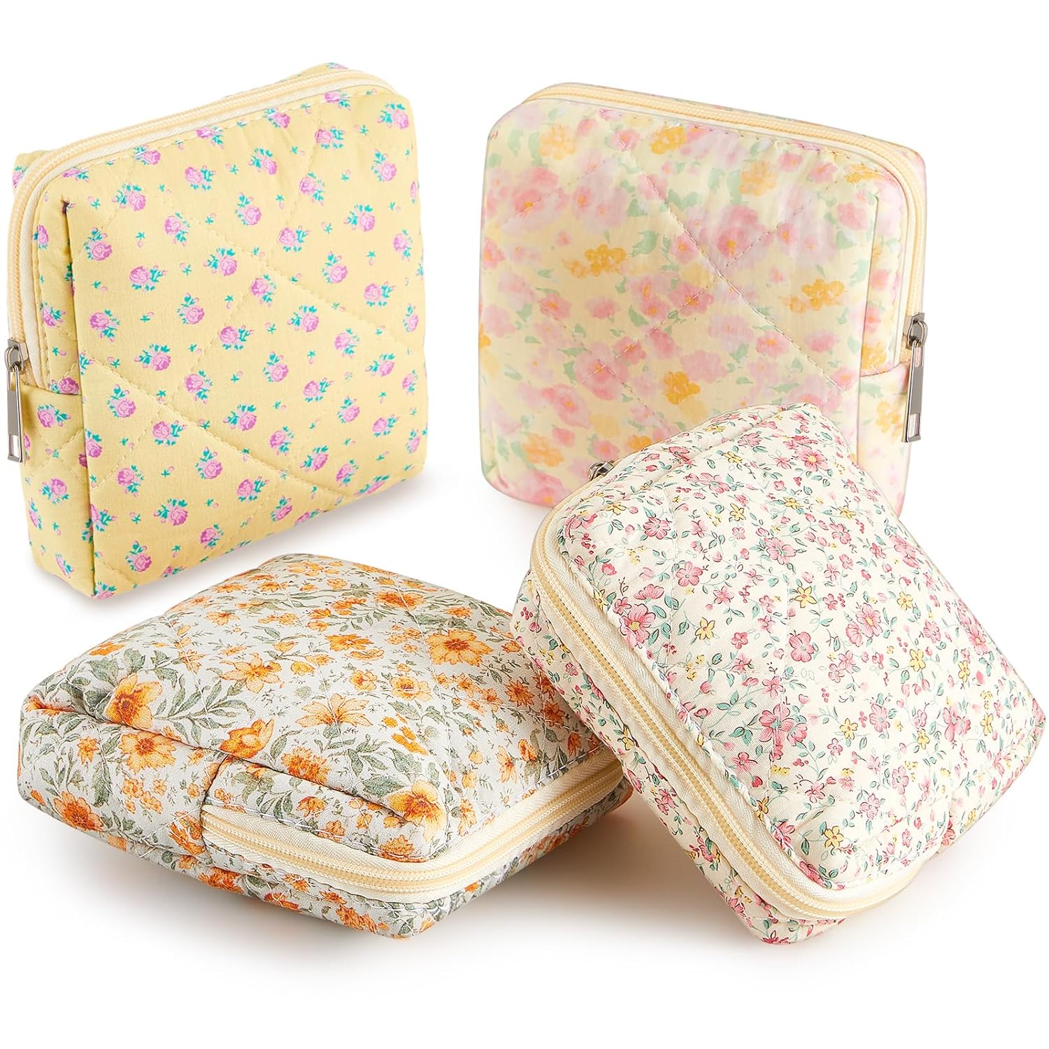 Paterr 4 Pcs Mini Quilted Floral Makeup Bag Women Gifts Small Cosmetic Bag Floral Quilted Makeup Pouch with Zipper Cute Travel Toiletry for Women Girls Gifts(Pink, Orange Flower)