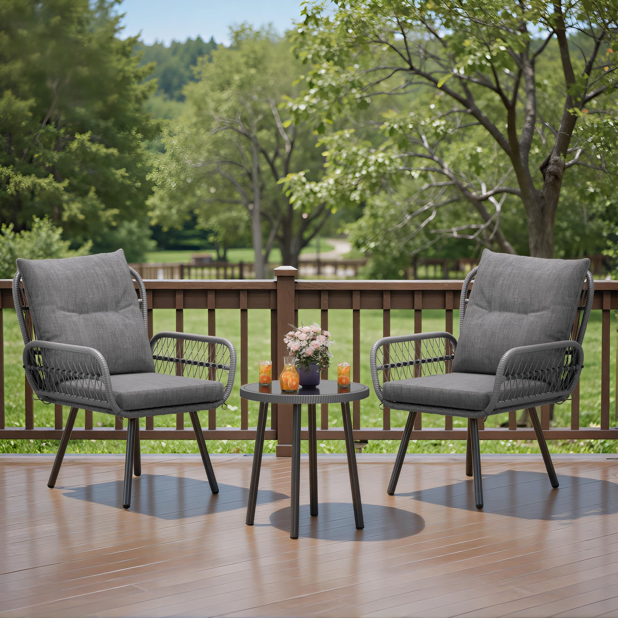 Conjunto de Mesa y Sillas Jardín de Ratán de 3 Piezas Gris