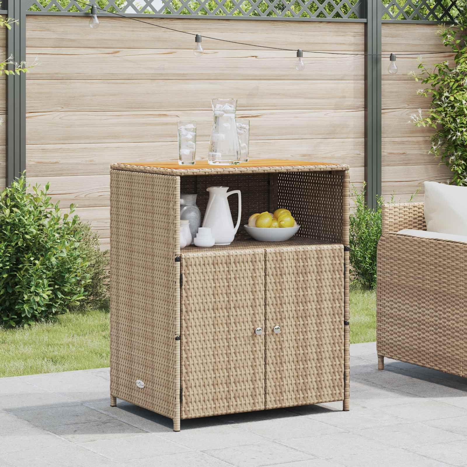 Armadio in rattan beige, 70 x 50 x 87 cm, con porta, in legno massello di acacia e telaio in acciaio verniciato a polvere, scaffali e ante in polyrattan, spazioso spazio per attrezzi da