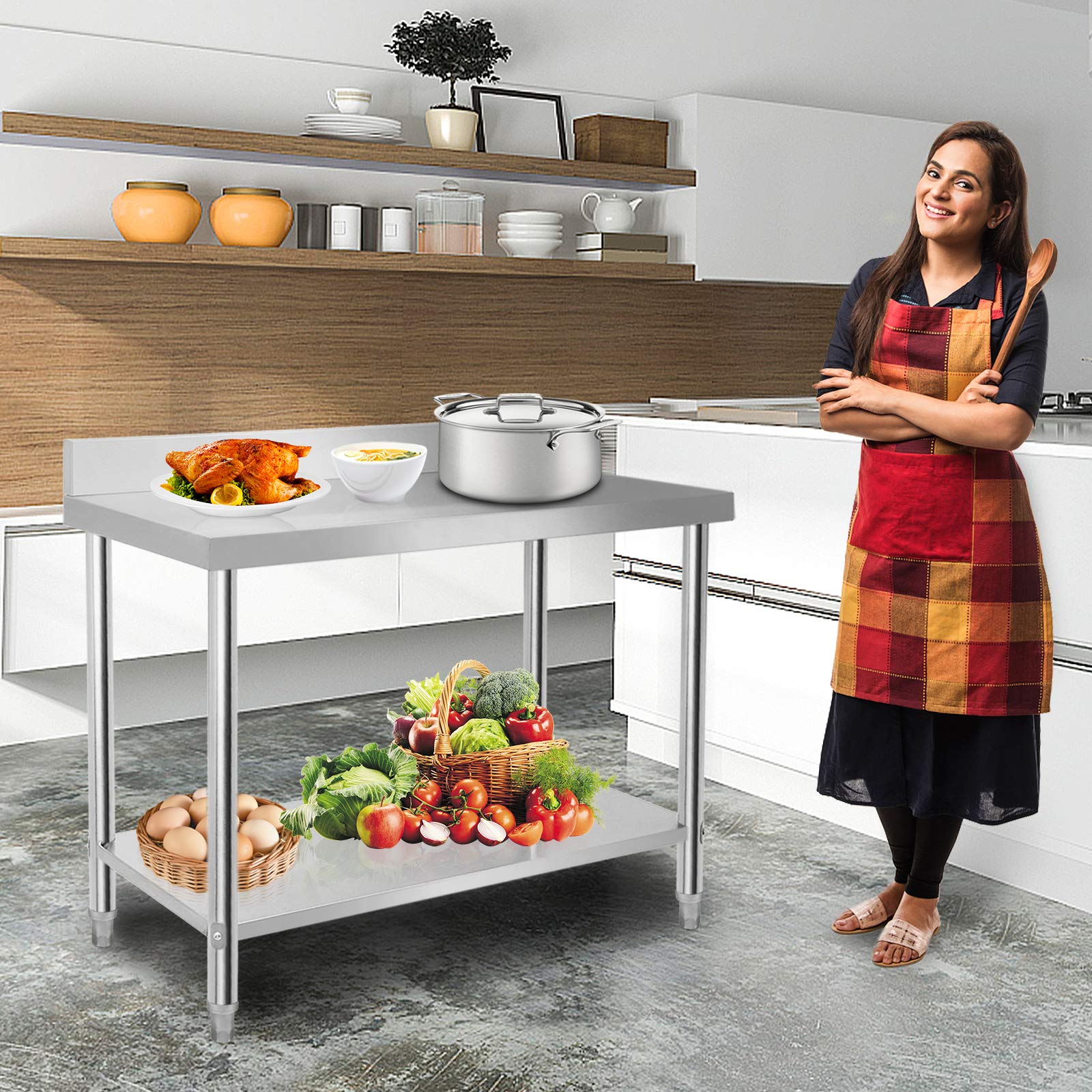HENGMEI Mesa de cocina de acero inoxidable, altura regulable, para cocina, bar, restaurante, 100 x 60 x 85 cm, con borde