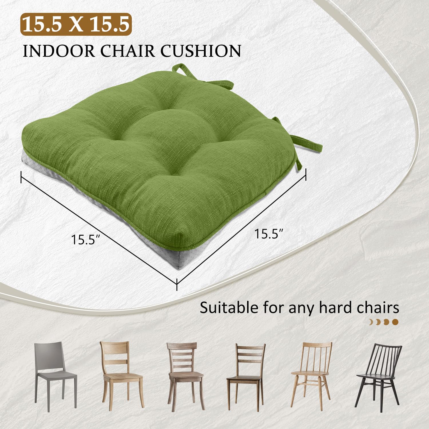 LOVTEX Kitchen Chair Cushions Set of 4, Non-Slip Chair Cushions for Dining Chairs, Shredded Memory Foam Chair Pads with Ties, Tufted Dining Chair Cushions, 15.5" x 15.5", Grass Green