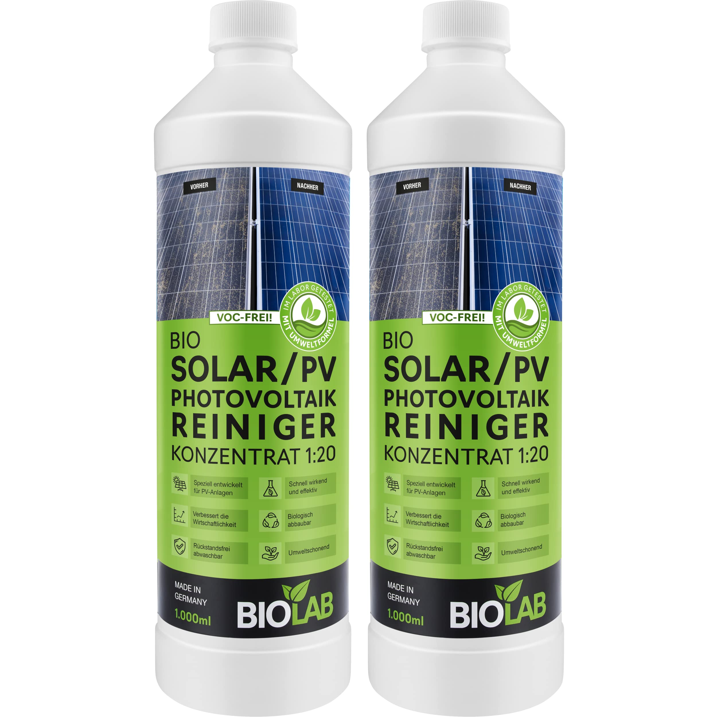 BIOLAB Detergente solare e fotovoltaico concentrato 1:20 (2 x 1 litro) per la pulizia di impianto solare, impianto fotovoltaico, pannello solare, pannello solare, impianto fotovoltaico, impianto
