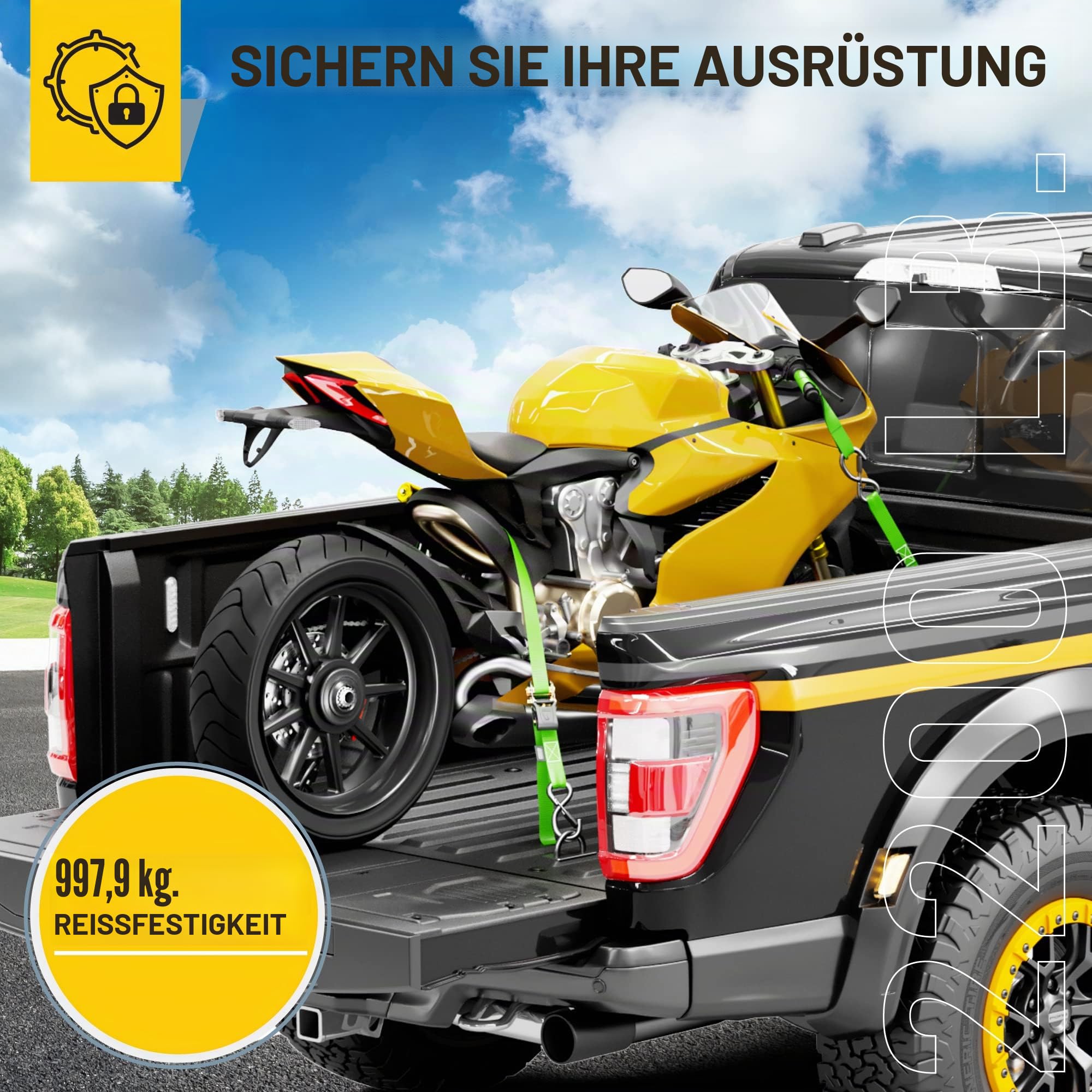 AUGO Spanngurte mit Ratsche – 4 Stück – 4,5 m–1000 kg Tragkraft – Lastengurte für bewegliche Geräte, Rasenausrüstung, Motorrad – Bonus 2 Spanngummis, 4 weiche Schlaufen Spanngurt, Aufbewahrungstasche