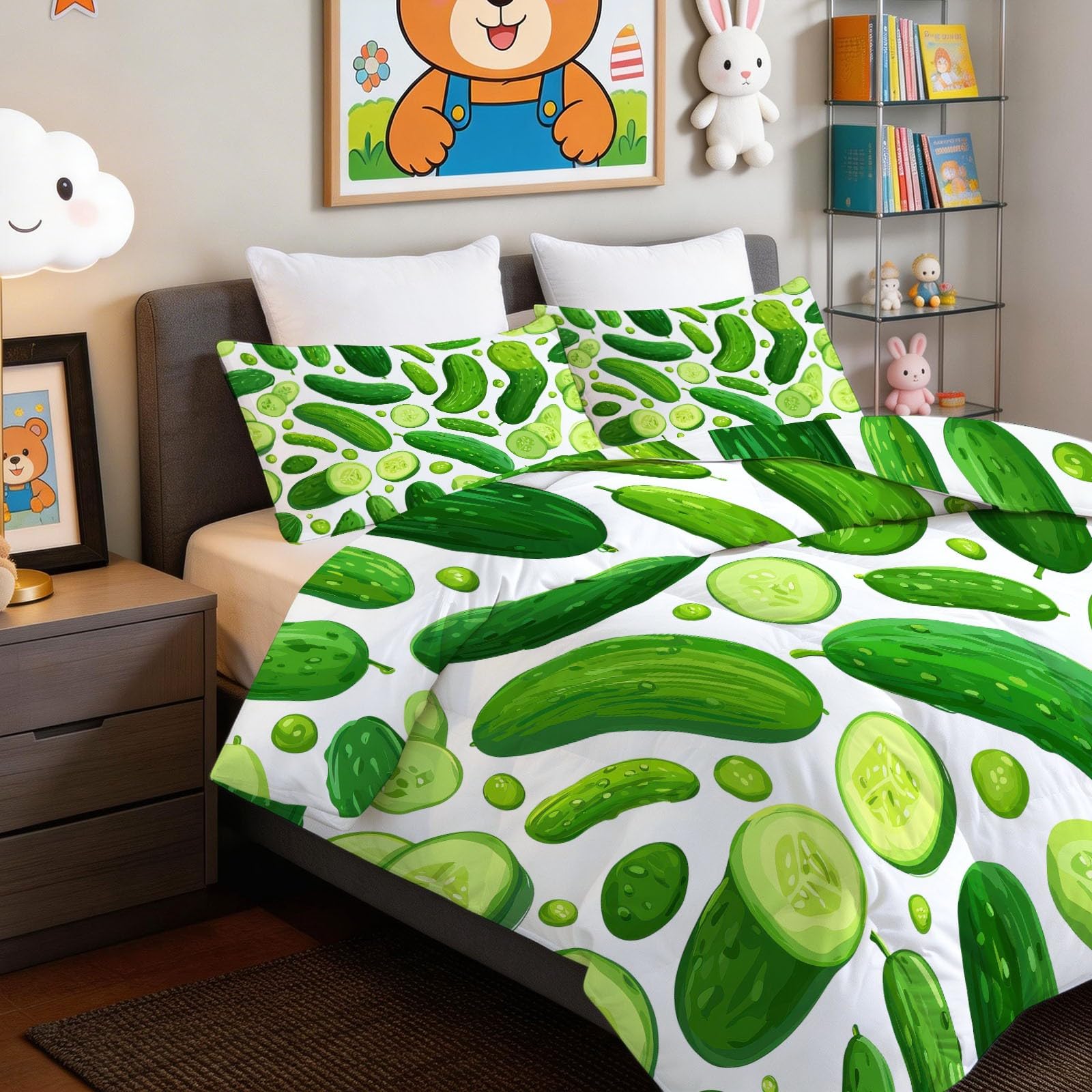 Générique Piumino lavabile per bambini, 200 x 200 cm, bianco cartone animato, verdura, cetriolo 4 stagioni, per letto matrimoniale, piumino reversibile leggero, senza coperte e 2 federe 65 x 65 cm