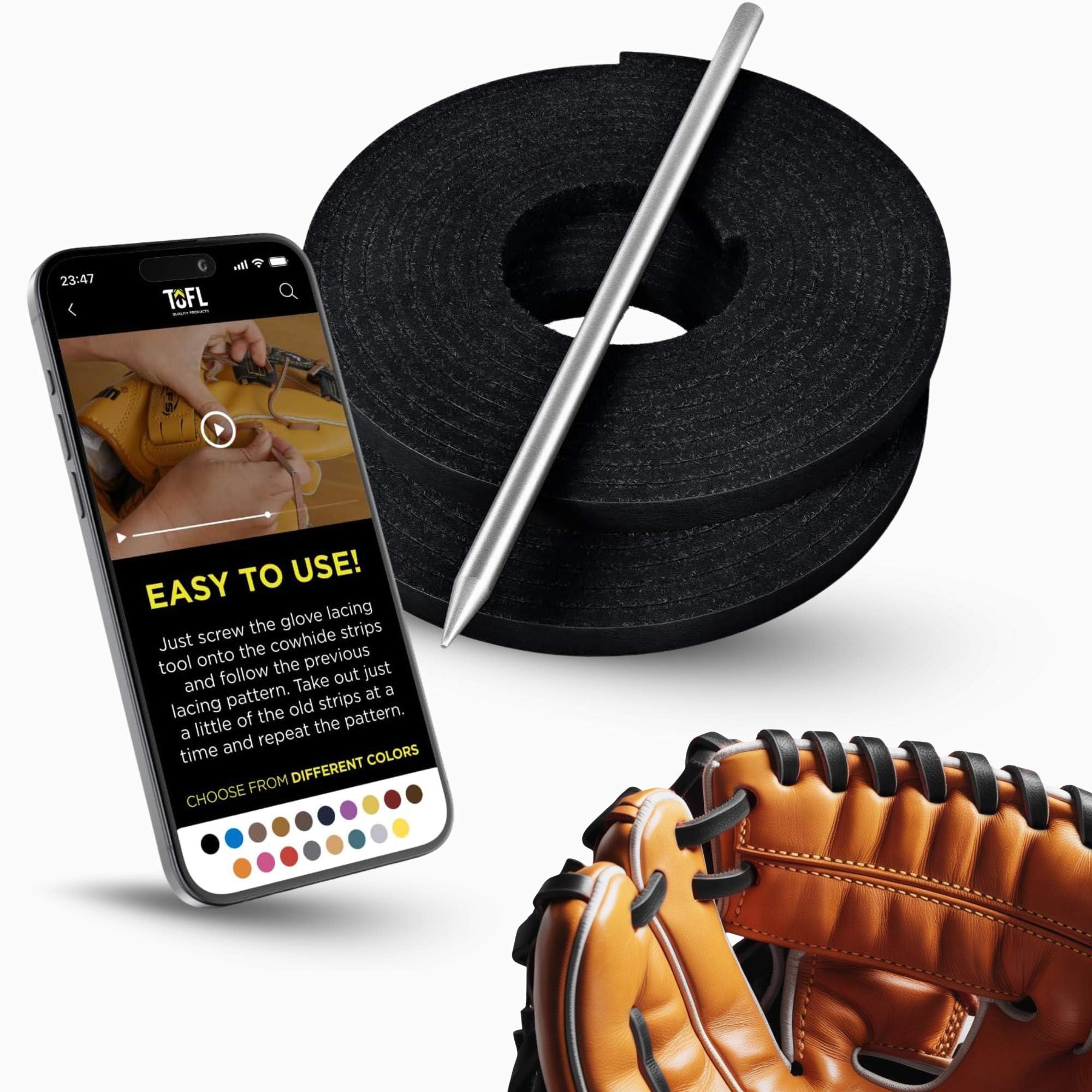 TOFL Softball and Baseball Glove Lace Kit | Mitt Lace Glove Repair Lacing Kit | 2 Leather Laces with Lacing Needle for Catchers Glove