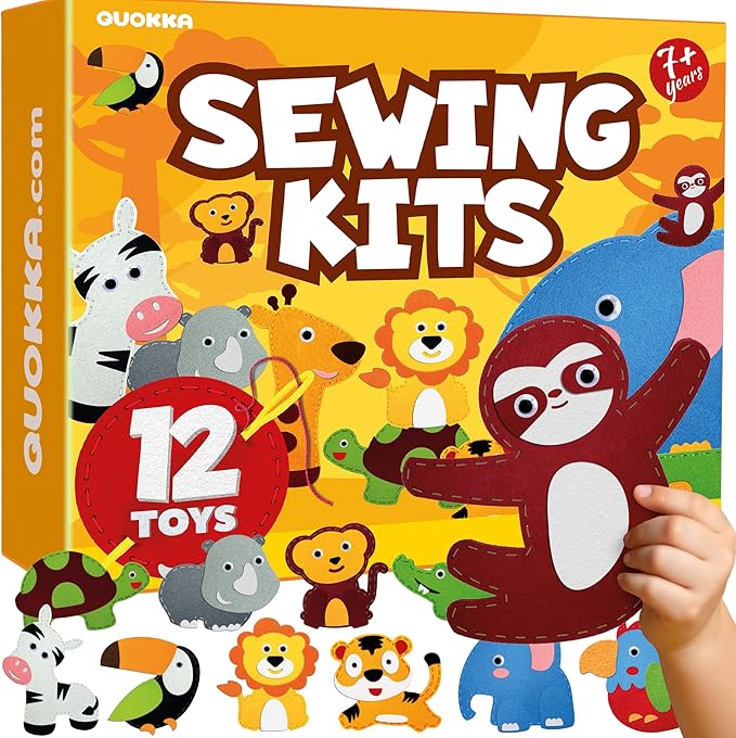 QUOKKA Kids Crafts Ages 4-8, DIY Beginner Needle and Thread Kit - 12 Wild Animals Sewing Kit Basic - Fun Arts Crafts for Kids Ages 6-8 Girls Boys - Plastic Needles, Scissors - 6+ Year Old Girl Gifts