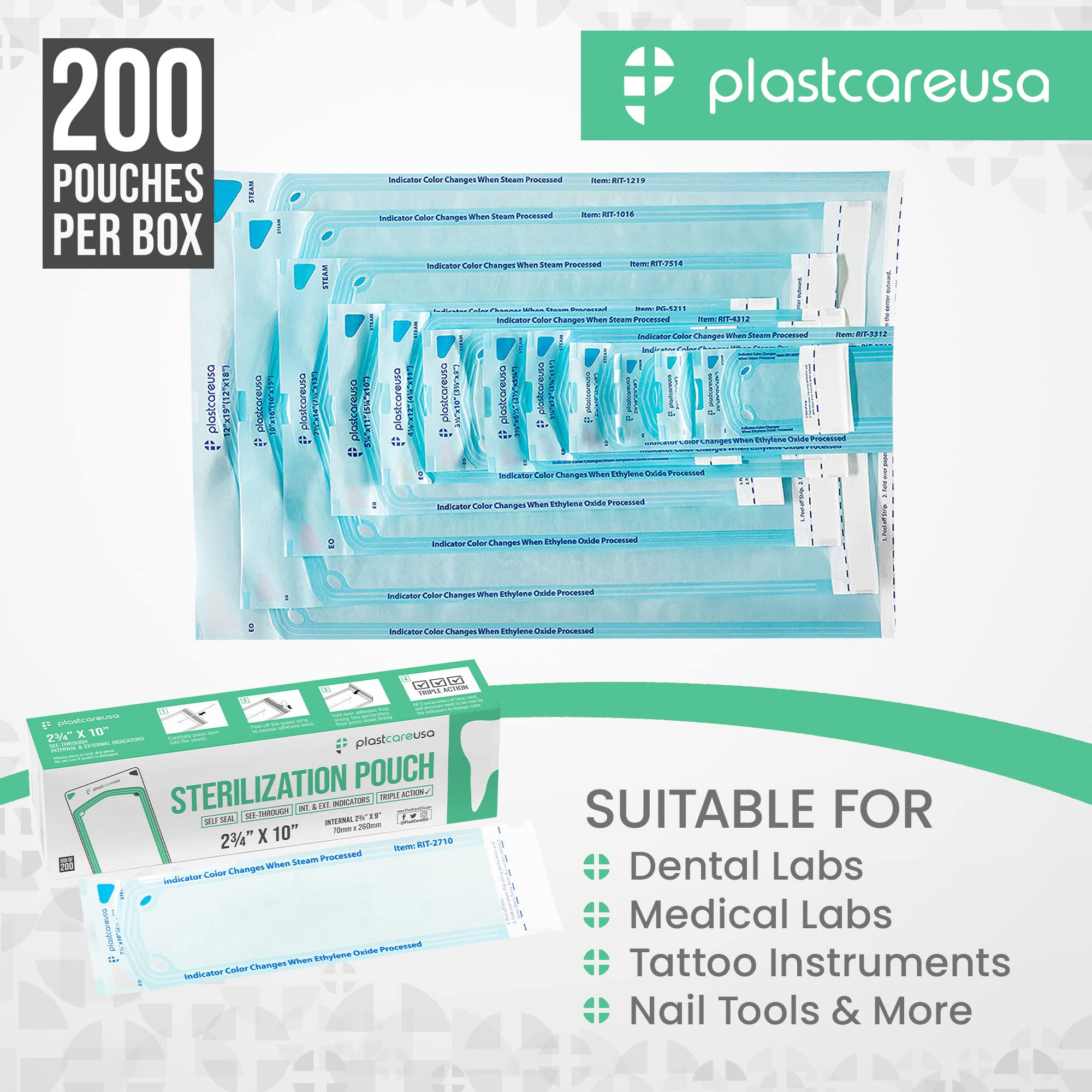 200 bolsas de autoesterilización de 2.75 x 9 para herramientas de limpieza, bolsas esterilizadoras autoclave para consultorios dentales, bolsa para herramientas dentales