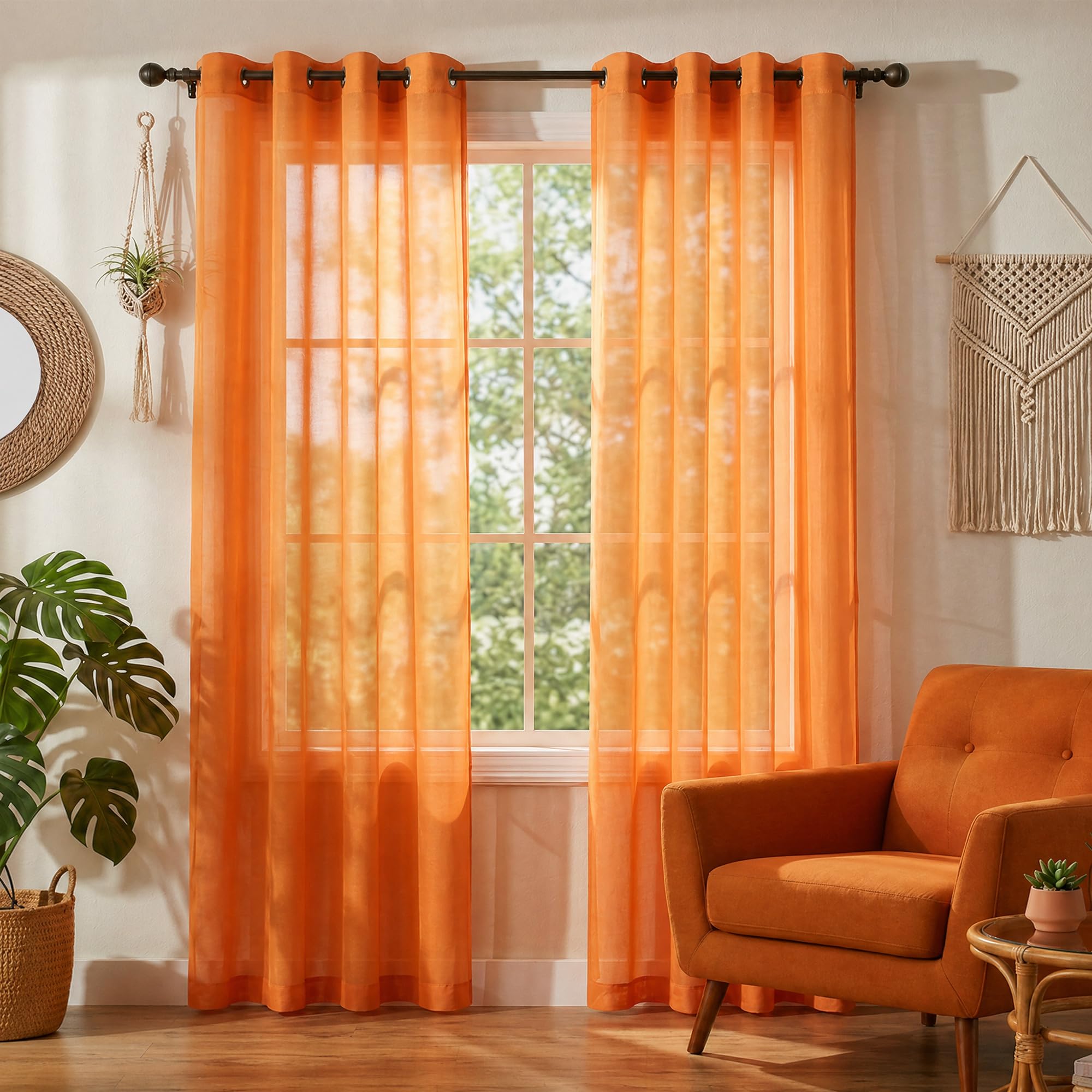KOUFALL Curtains for Living Room,Bright Pumpkin Orange Color Sheer Curtains for Bedroom Dining Room 84 Inches Long 2 Panels Set — image 1
