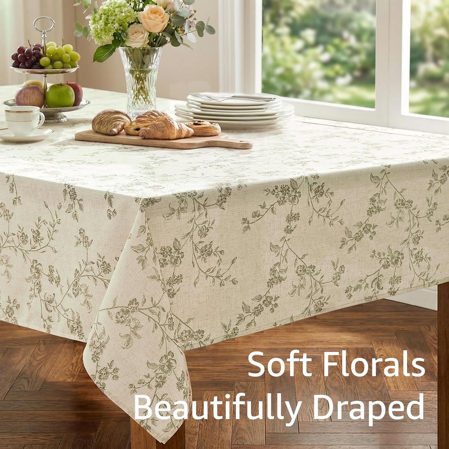 jinchan Green Farmhouse Floral Linen Square Table Cloth 52 x 52 Inch image 5