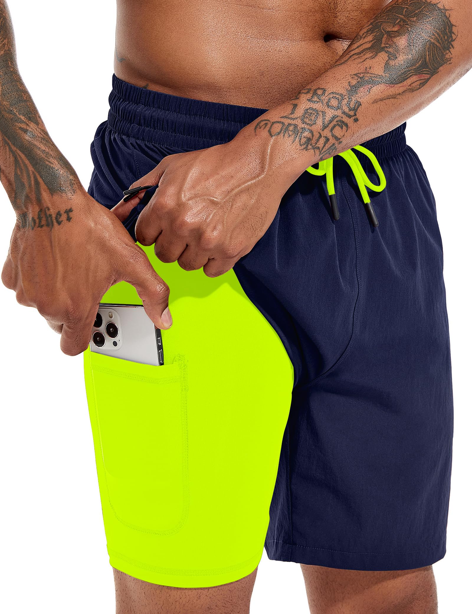 Atforna Badehose Herren Lang 2 in 1 Badeshorts mit Kompression Schnelltrocknend Atmungsaktiv Swim Shorts mit Reißverschlusstasche Verstellbar Tunnelzug