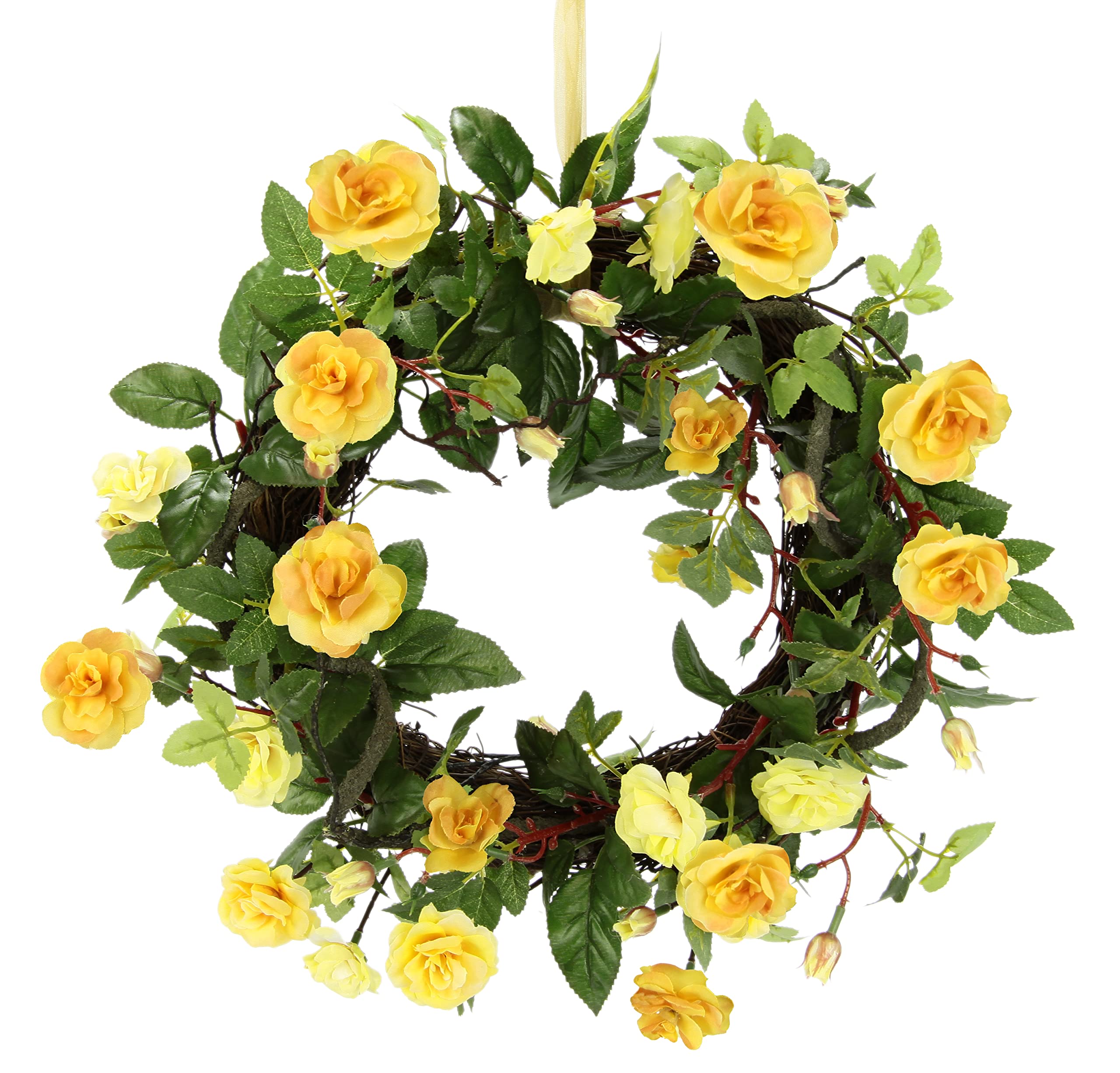 Kranz Rosen Rosenkranz Türkranz Wandkranz Blütenkranz Blumenkranz dekoriert Wanddeko Blüten Deko Künstliche Blume Haustür Geschenk Hochzeit Rosenblüten, Gelb, 8x32x32 cm, 088974G