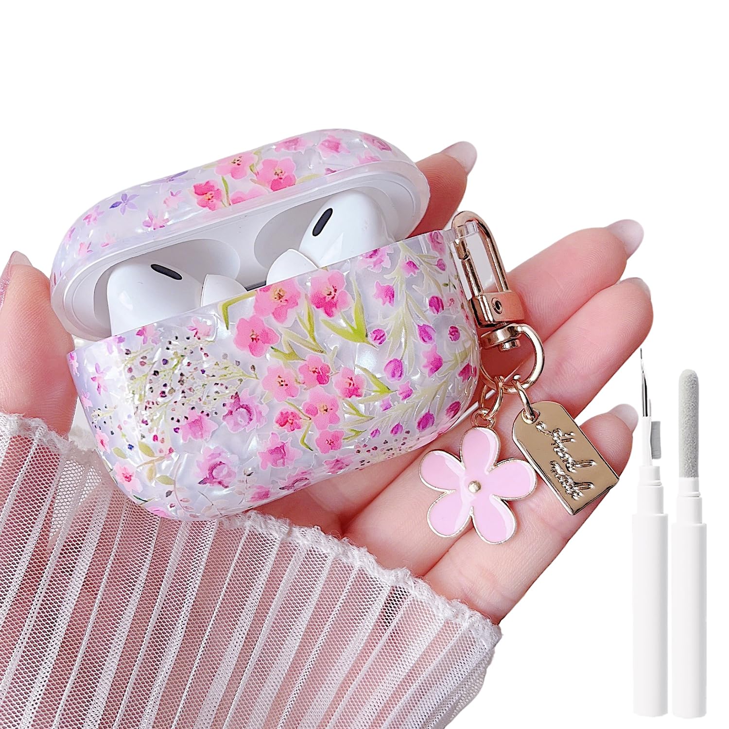 MINSCOSE for Cute Glitter AirPods Pro 2nd/1st Generation Case,Shell Pattern Cartoon Flower Aesthetic Design with Floral Keychain,Soft TPU Protective Cover with Cleaner Kit for AirPods Pro/Pro 2-Pink