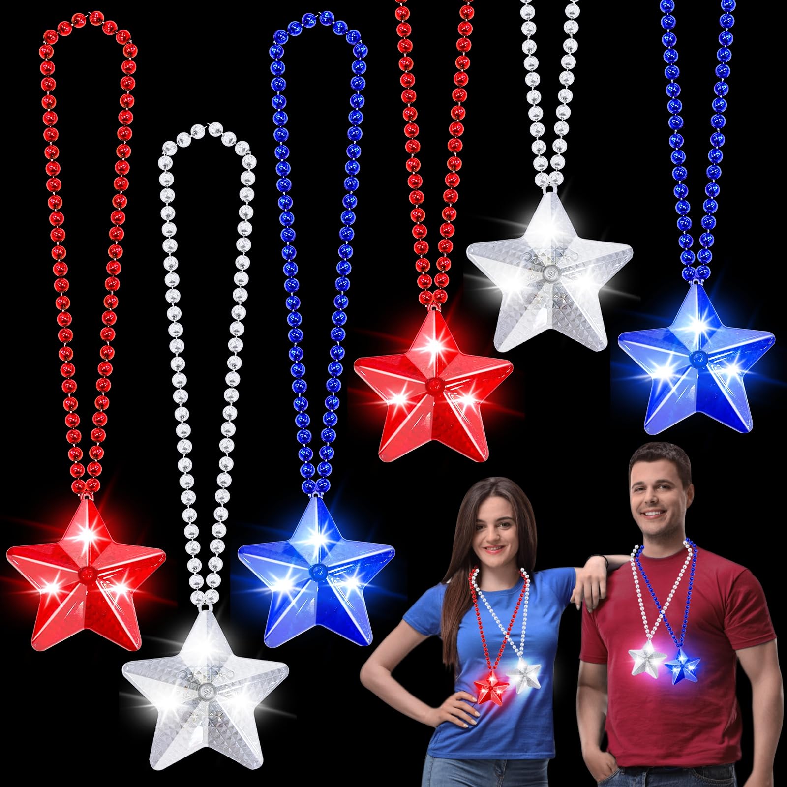 6 Pack 4th of July Party Favor LED Light Up Necklaces,Red White Blue Necklaces Accessories Decorations Party Supplies, Patriotic Stars Beads for Adults Kids National Day, Memorial Day,Independence Day