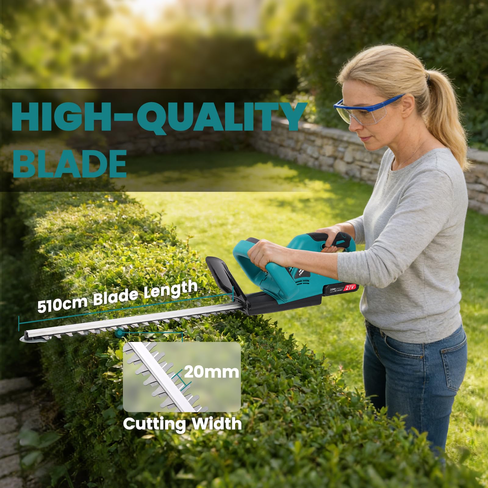 Cortasetos Batería 21V,Corta Setos Jardín Batería Potente con 2 Baterías 2000 mAh, Hoja de 51 cm, Cortasetos Eléctrico Inalámbrico para Jardín Doméstico