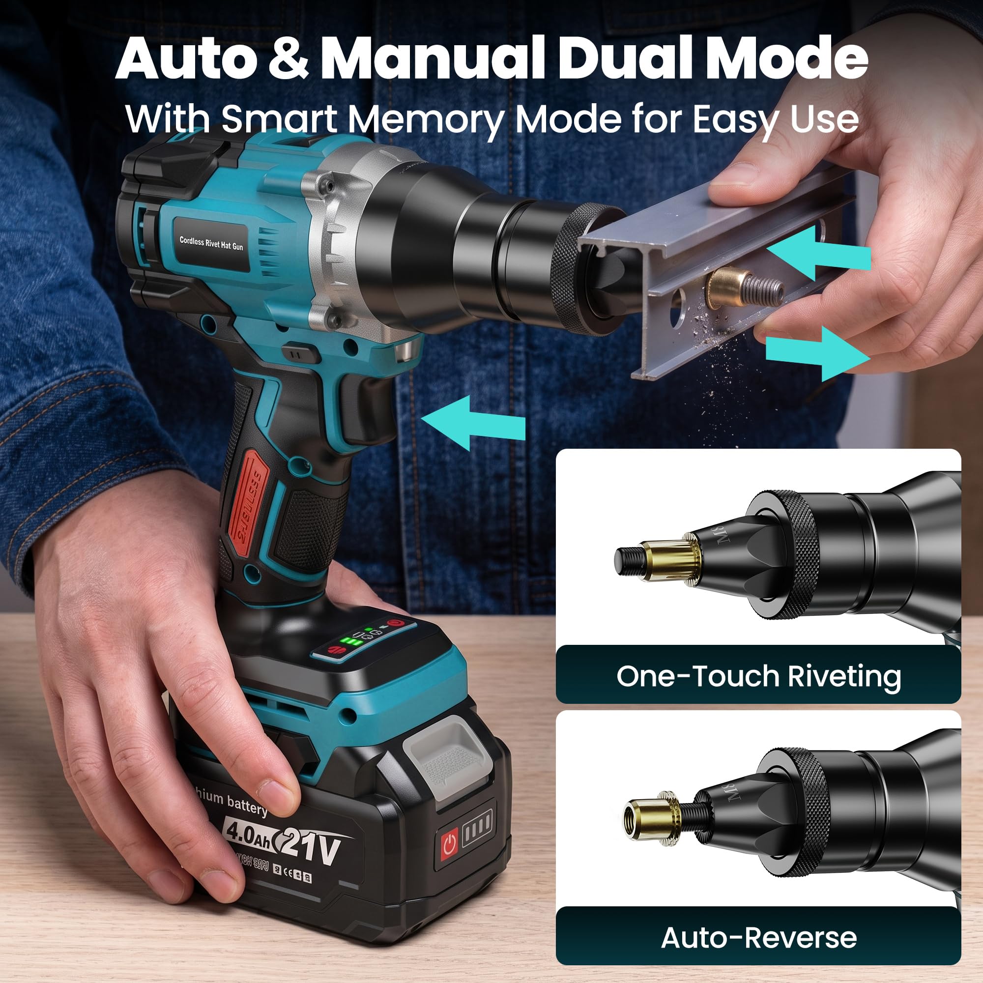 YEARTOP Herramienta de tuerca remache inalámbrica de 20 V, sin escobillas, pistola eléctrica profesional para M6 M8 M10, herramienta de remachado roscado con 2 baterías de 4.0 Ah, cargador estándar