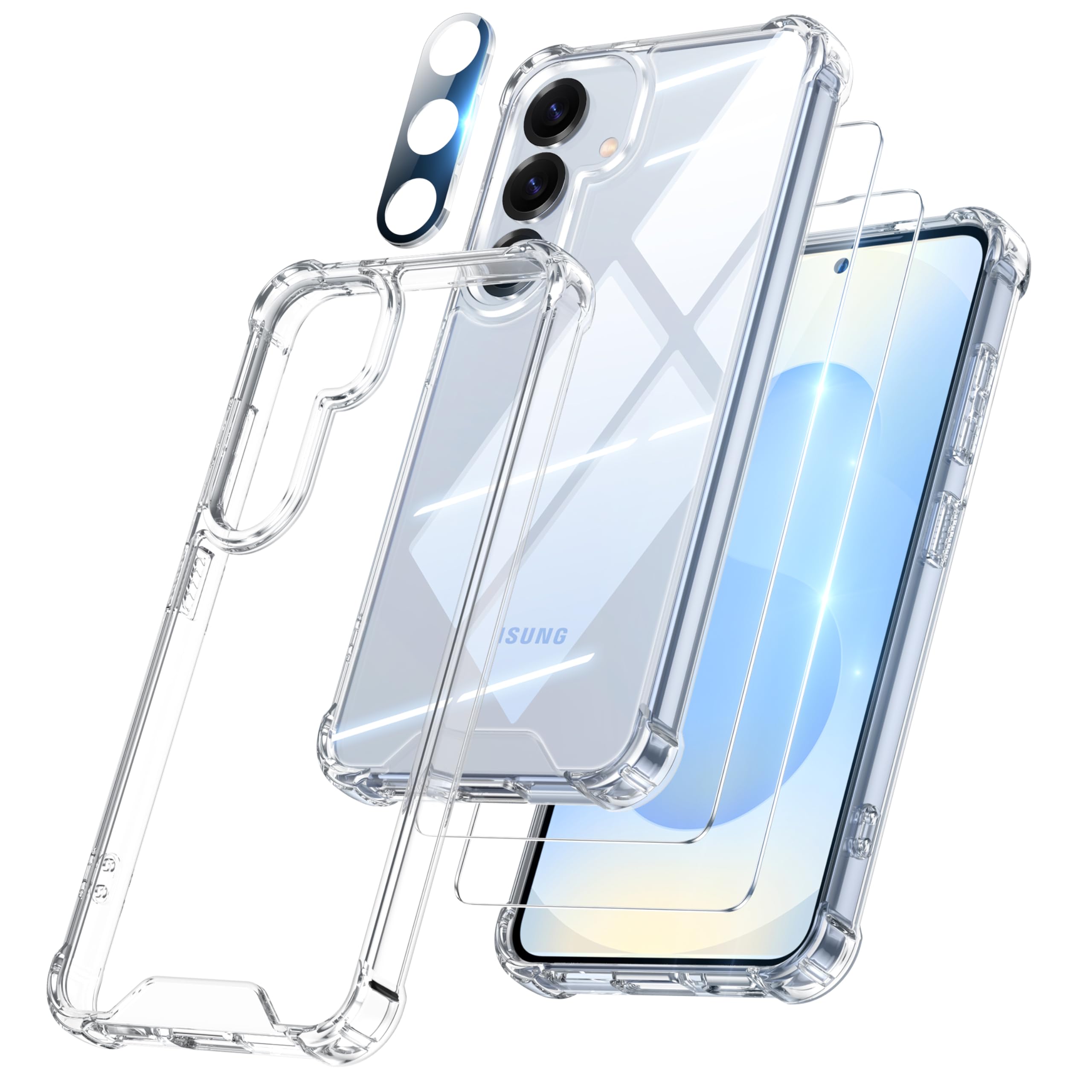 FLLAO 4 in 1 Cover per Samsung Galaxy S25 5G con 2 Pellicola Vetro Temperato e 1 Pellicola Protezione Fotocamera, Protezione Antiurto Militare Antishock PC Custodia per Samsung S25, Trasparente