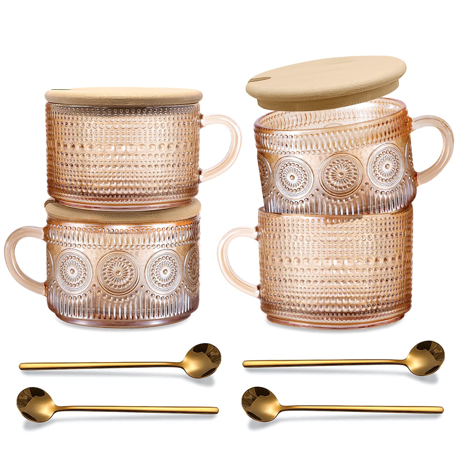Amber Vintage Glass Coffee Mugs gifts for women, 14 Oz Set of 4 Embossed Glassware Tea Cups for Breakfast, Cappuccino, Latte, Yogurt, Christmas Mothers Day Gifts Coffee Bar Accessories