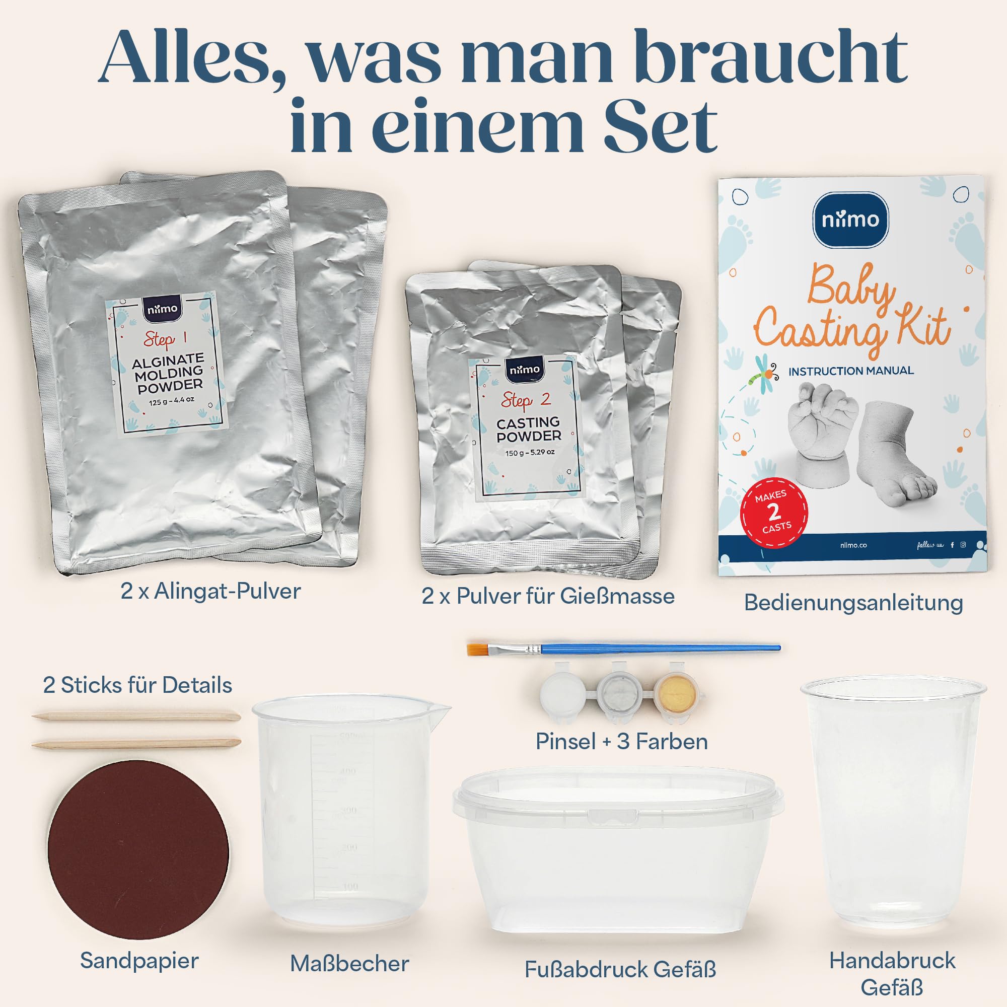 Niimo® 3D Gipsabdruck Baby Hand und Fuß – Geschenk zur Geburt, Taufe & Babyparty – Detailgetreues & ungiftiges Handabdruck & Fußabdruck Set, Neugeborenen Geschenk (0-9 Monate)