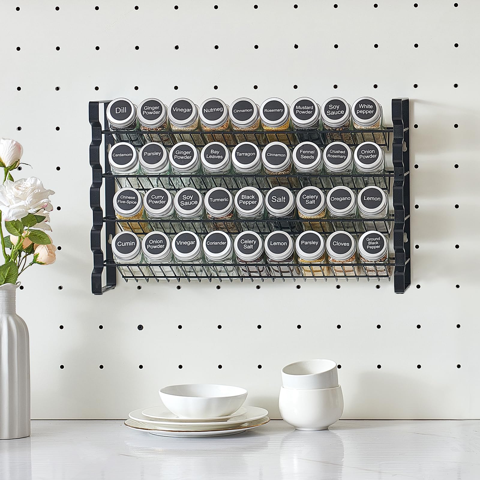 VEVOR Étagère à épices pour armoire, avec 36 pots à épices vides, couvercles, étiquettes et entonnoir, ensemble complet, organiseur d'assaisonnement pour comptoir, cuisine, garde-manger, placard, noir