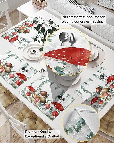 Miniatura 2 de Mushroom Eucalyptus Table Placemats for Dining Table Set of 6,Cotton Linen Cloth Kitchen Place Mats with Pocket,Washable Burlap