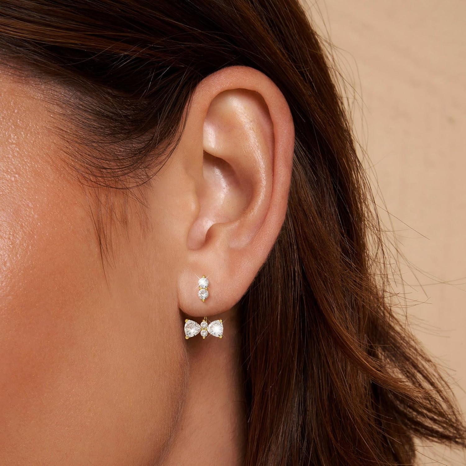 Risamil 14K Gold Plated Earrings for Women Trendy Ear Jacket Post Hanging Back Studs Adjustable Holes Dainty Lightweight Cubic Zirconia | Bow | Chain | Heart Dangle Jewelry Gifts - Image 2