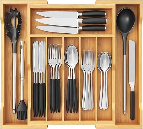 Lifewit Organizador de cajones de cubiertos, bandeja expandible para utensilios de cocina, cubiertos de bambú y soporte para cubiertos,