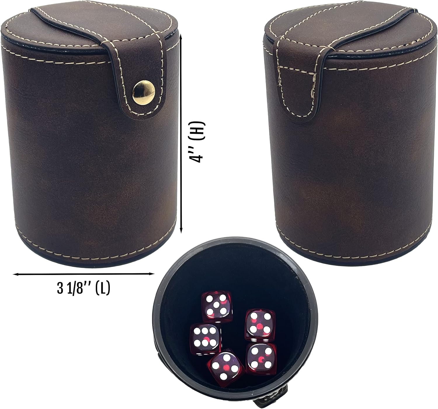 Personalized Set of Dice Cup with Storage Compartment Customized PU Leather Dice Cup with 5 Red Dice Custom Gift (Rustic/Gold)