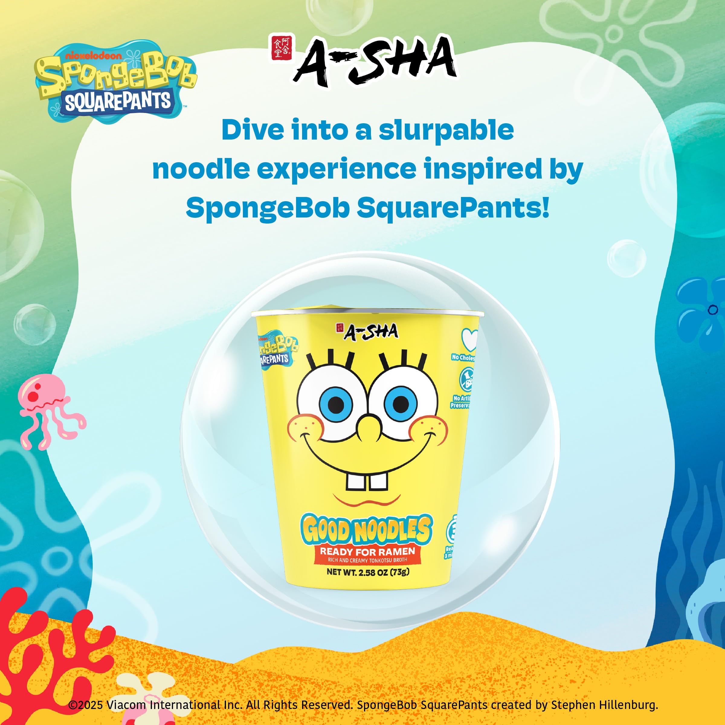 A-Sha & SpongeBob Squarepants Good Noodles (6 Pack) | Ready for Ramen (Mildly Spicy Flavor) | Rich and Creamy Tonkotsu Broth | Better For Your Microwaveable Ramen Soup Mix