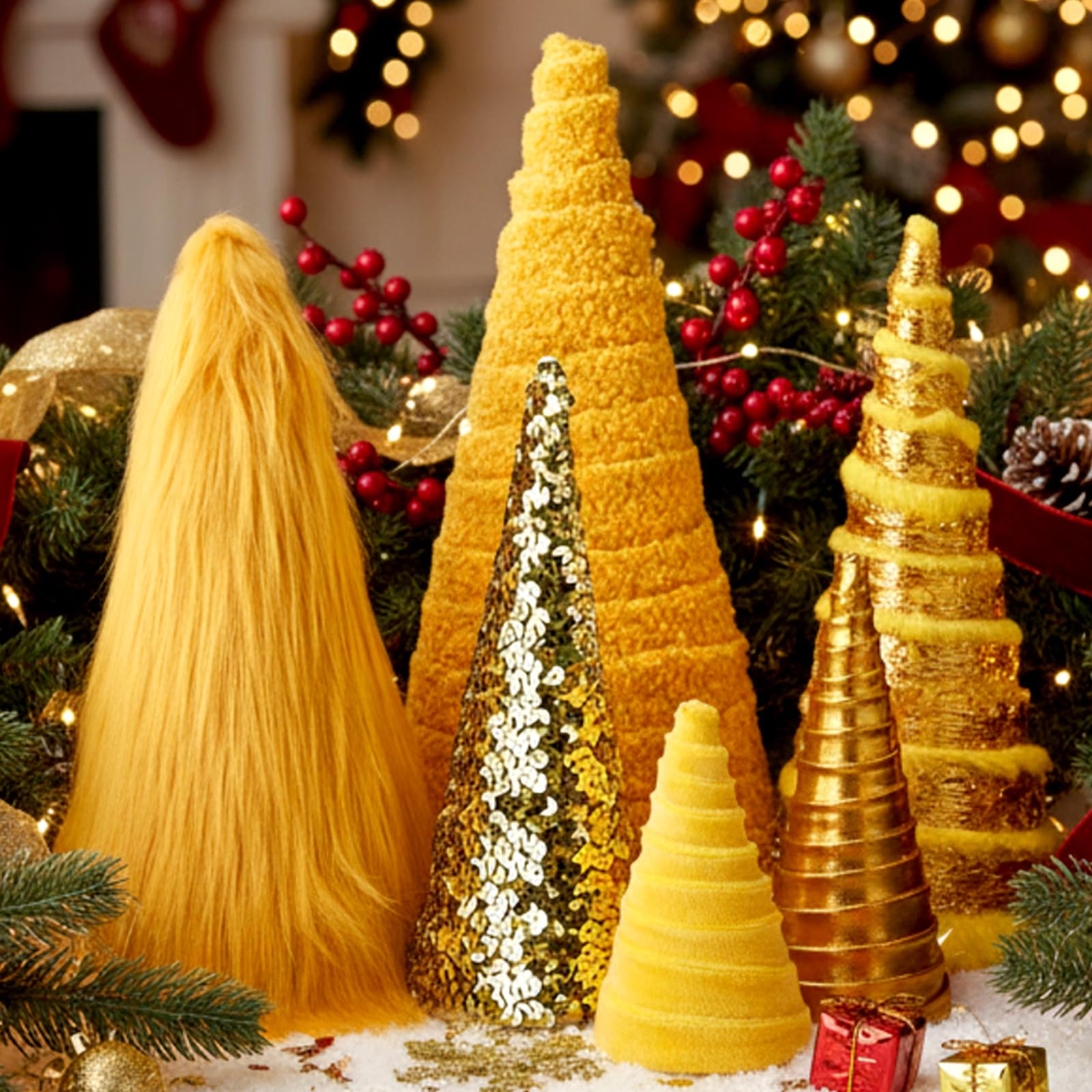 Photo 1 of **Green color** 6 Pcs Green Christmas Table Decor 3.93" - 12.6" Christmas Cone Trees Glitter Table Tree with Glitter Sequins Plush Fur and Swirl Surface, Xmas Centerpiece for Home Desk Holiday Decoration