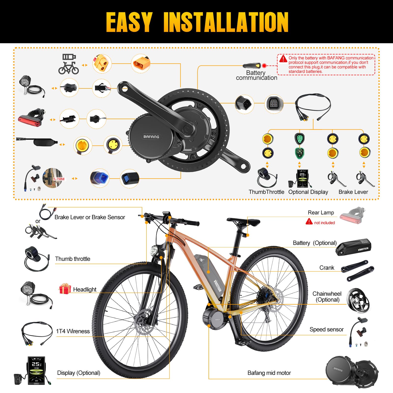 BAFANG kit bici elettrica motore centrale, kit conversione bici elettrica BBS01B BBS02B BBS-HD, 250W kit bici elettrica con batteria opzionale e display LCD, 36V 48V 52V (CAN)