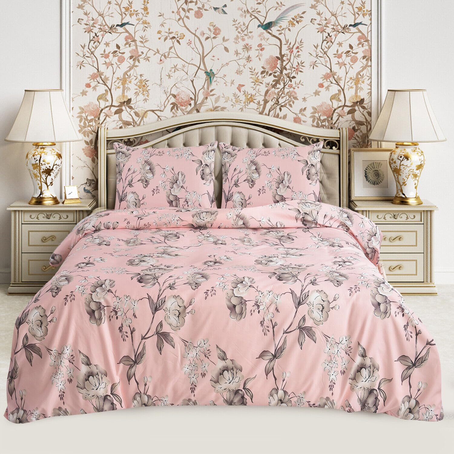 CHARKHAH 4 Piece Reversible Printed Bedding Set Includes 1 Duvet Cover, 1 Deep Fitted Sheet & 2 Pillowcases – Soft Microfibre Easy Care Quilt Cover Set for All Seasons (Floral Pink, Single) — image 1